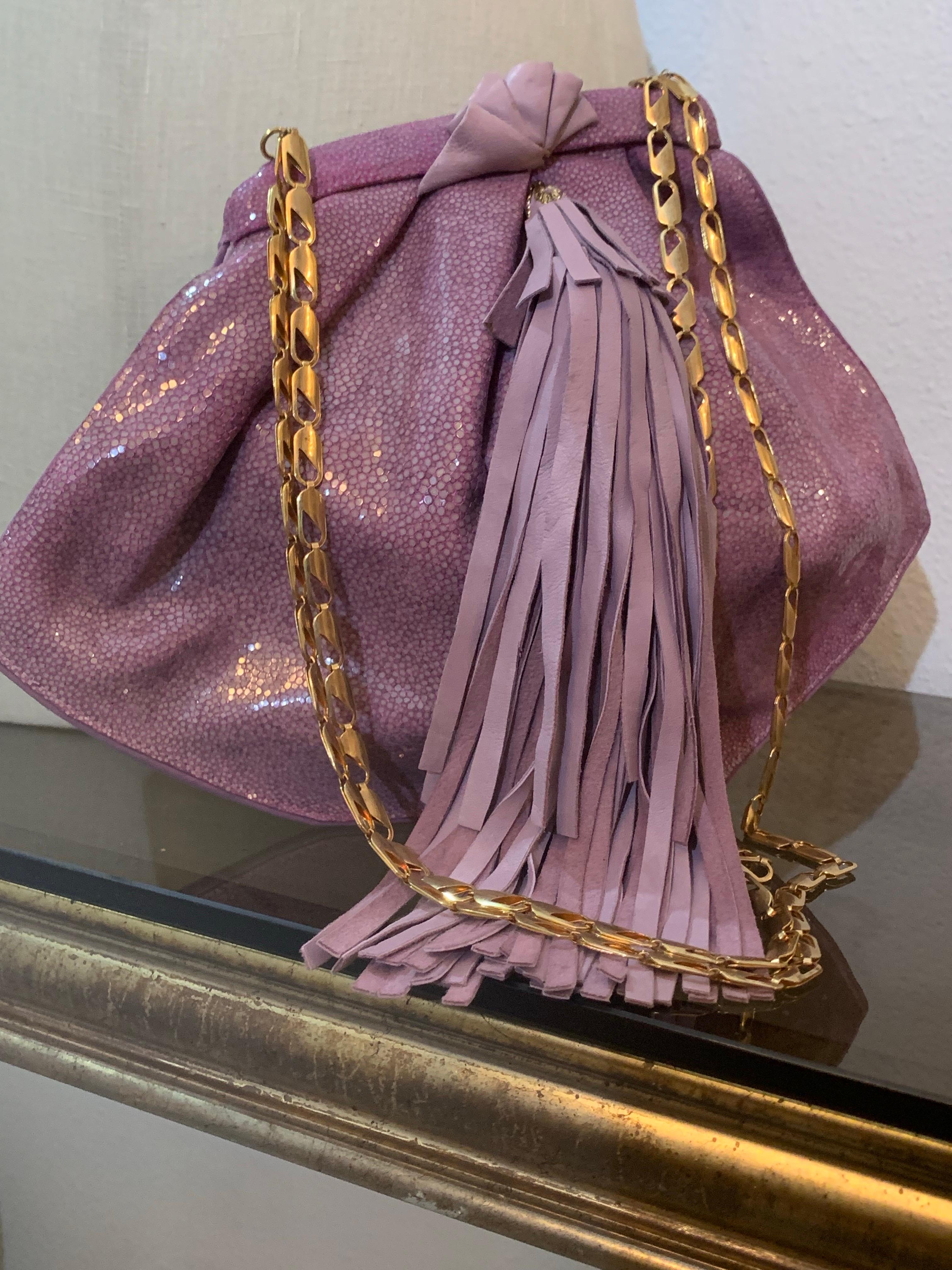 1990s Ares - Paris Lavender Genuine Shagreen Shoulder Bag w Leather Fringe:  Gorgeous, lustrous shagreen in an unusual lilac/lavender shade with lambskin fringe and gold-tone chain shoulder strap. Fully lined. Medium sized, will fit a phone. 