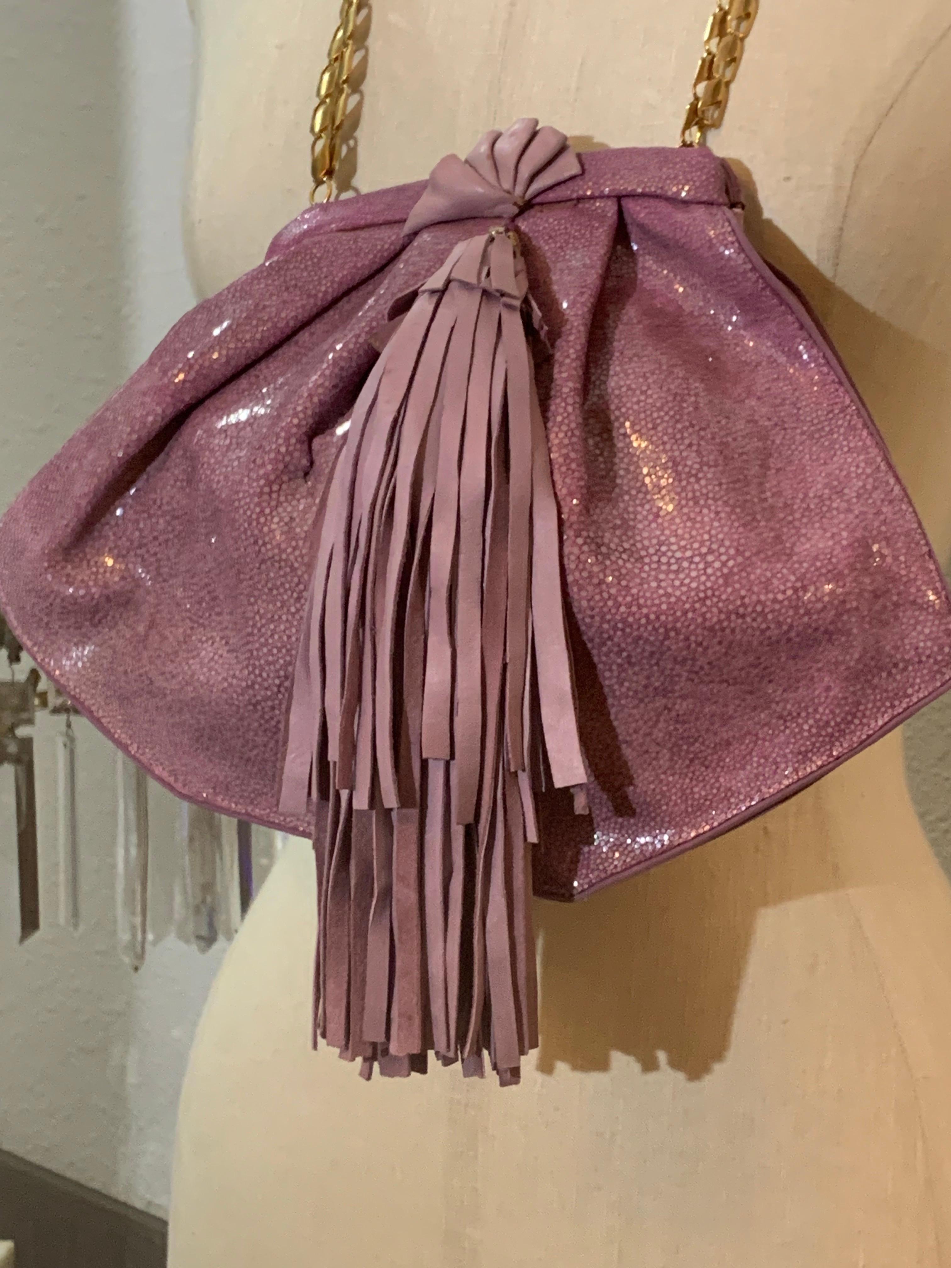 1990s Ares - Paris Lavender Genuine Shagreen Shoulder Bag w Leather Fringe In Excellent Condition For Sale In Gresham, OR