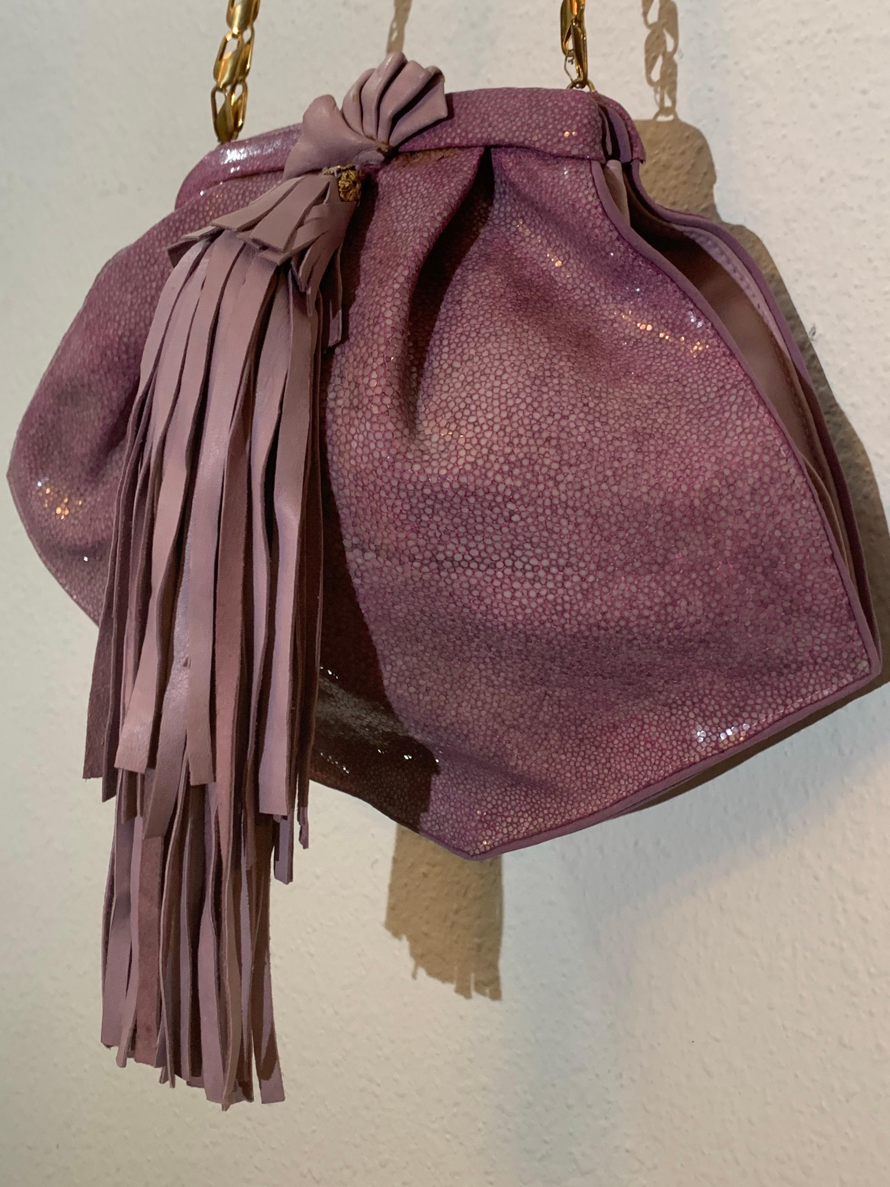 1990s Ares - Paris Lavender Genuine Shagreen Shoulder Bag w Leather Fringe For Sale 2