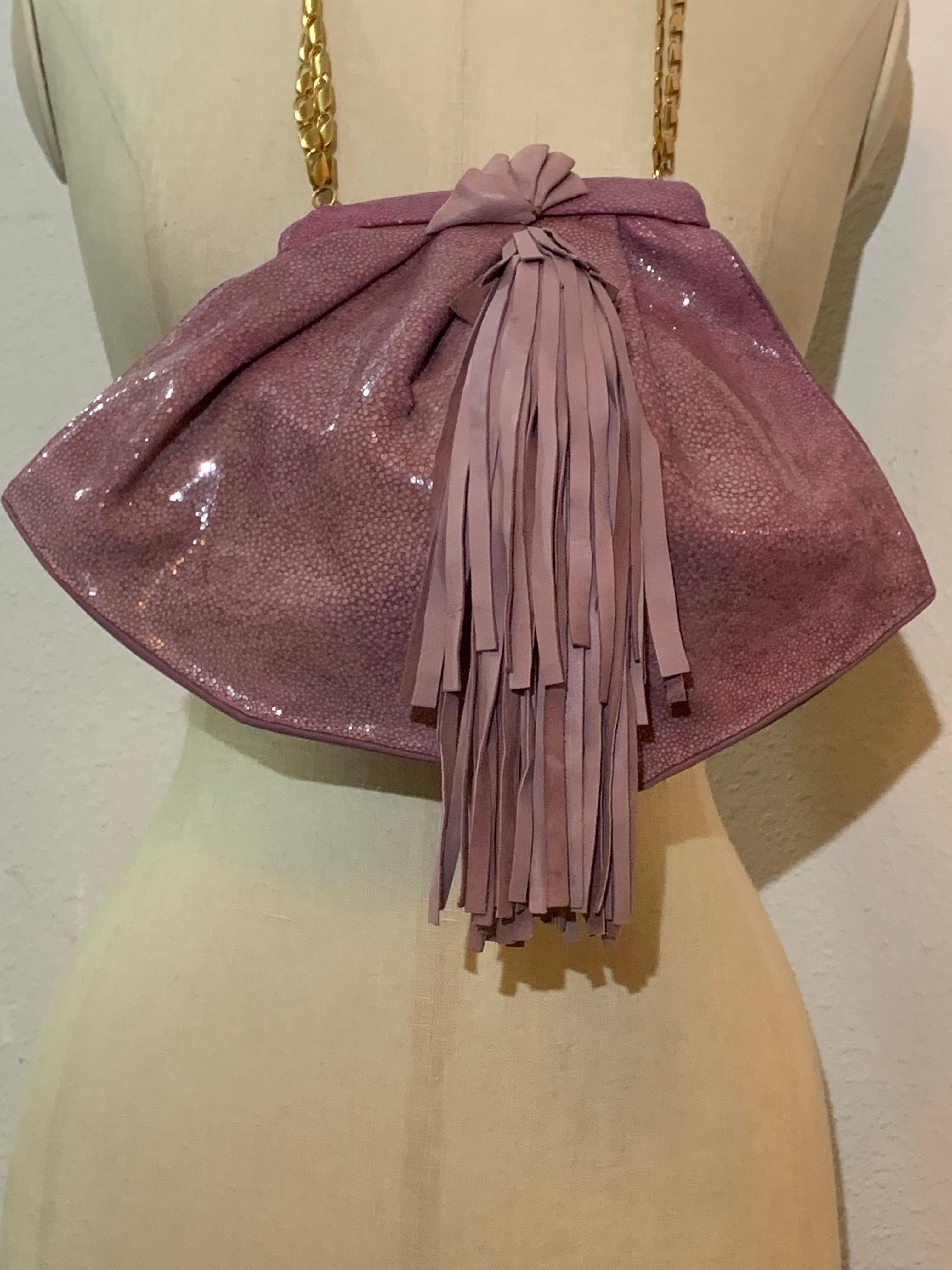 1990s Ares - Paris Lavender Genuine Shagreen Shoulder Bag w Leather Fringe For Sale 3