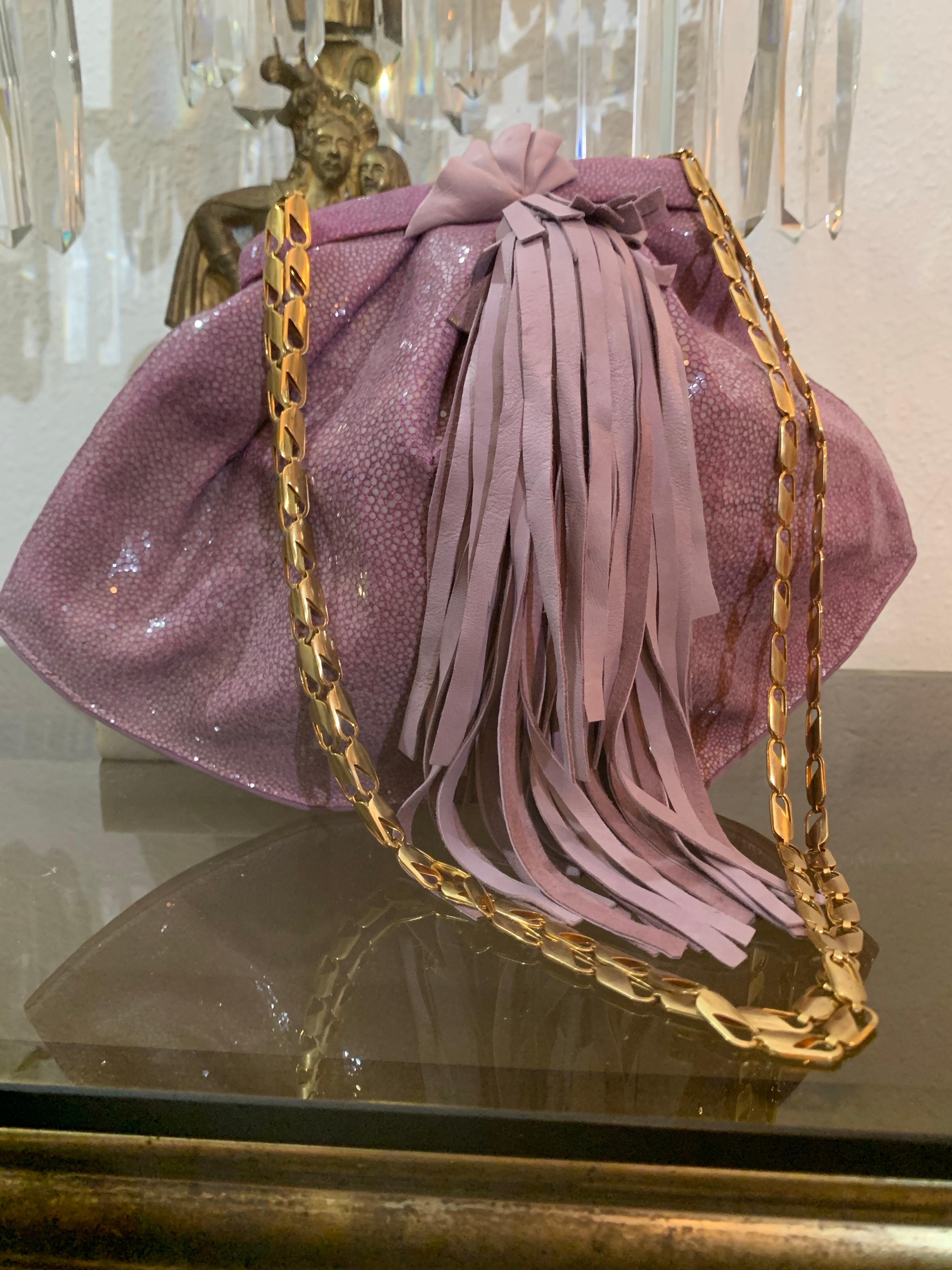 1990s Ares - Paris Lavender Genuine Shagreen Shoulder Bag w Leather Fringe For Sale 4