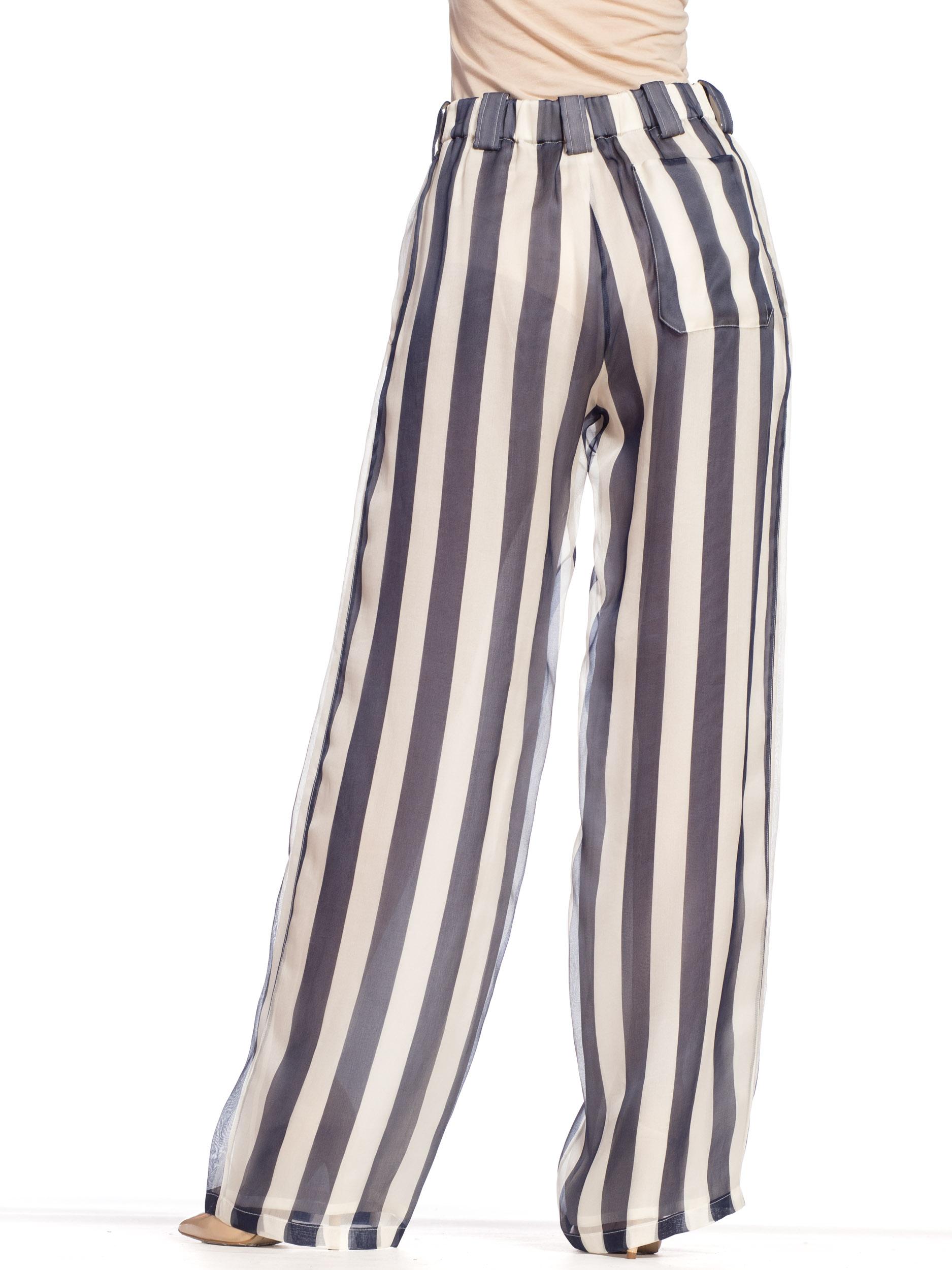 1990S GIORGIO ARMANI Blue & White Silk Organza Nautical Striped Pants 6
