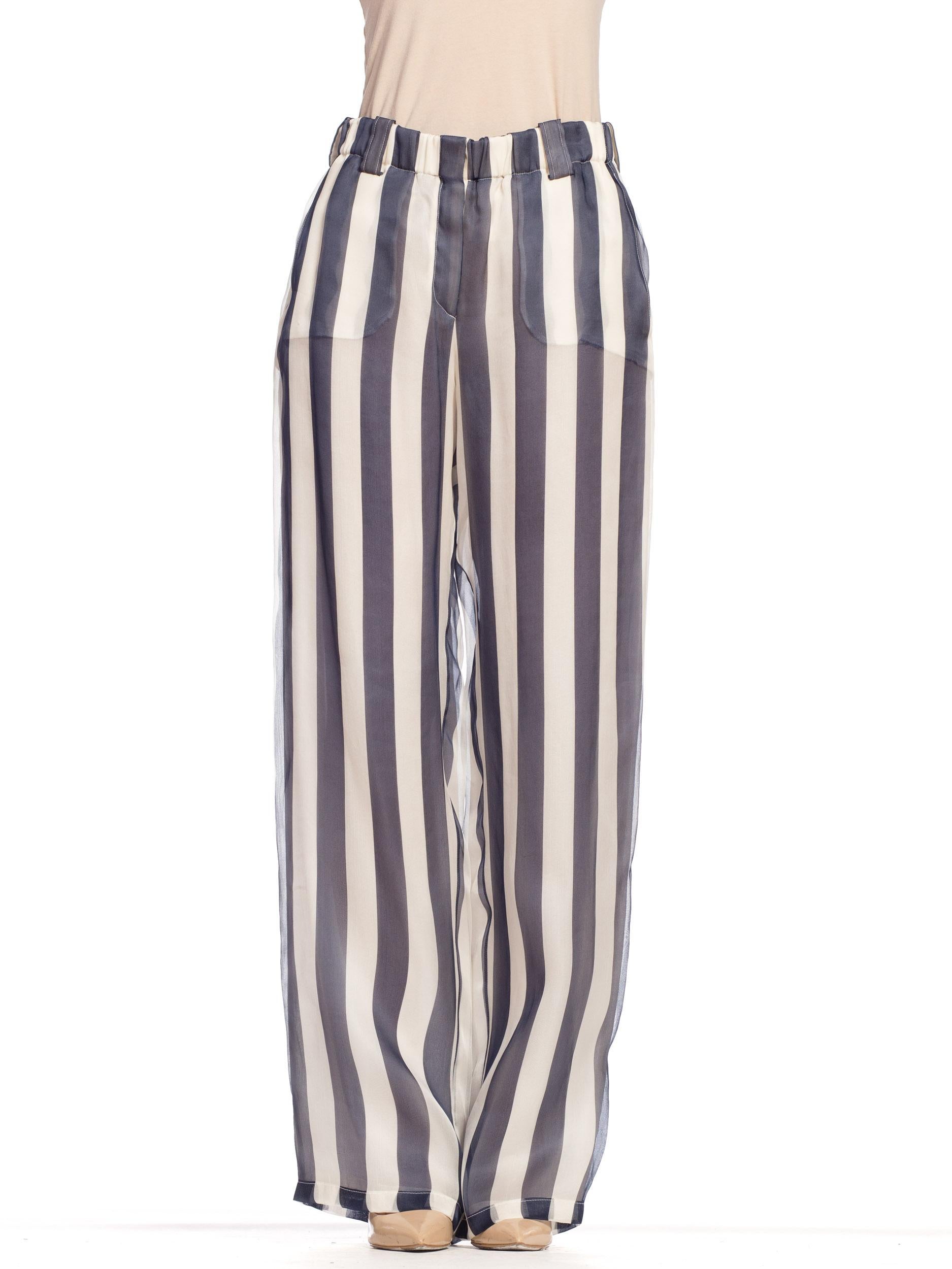 Gray 1990S GIORGIO ARMANI Blue & White Silk Organza Nautical Striped Pants