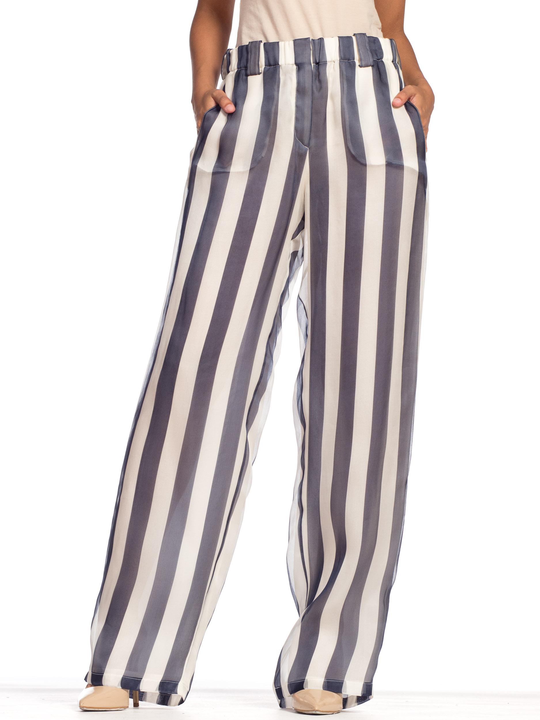 1990S GIORGIO ARMANI Blue & White Silk Organza Nautical Striped Pants 1