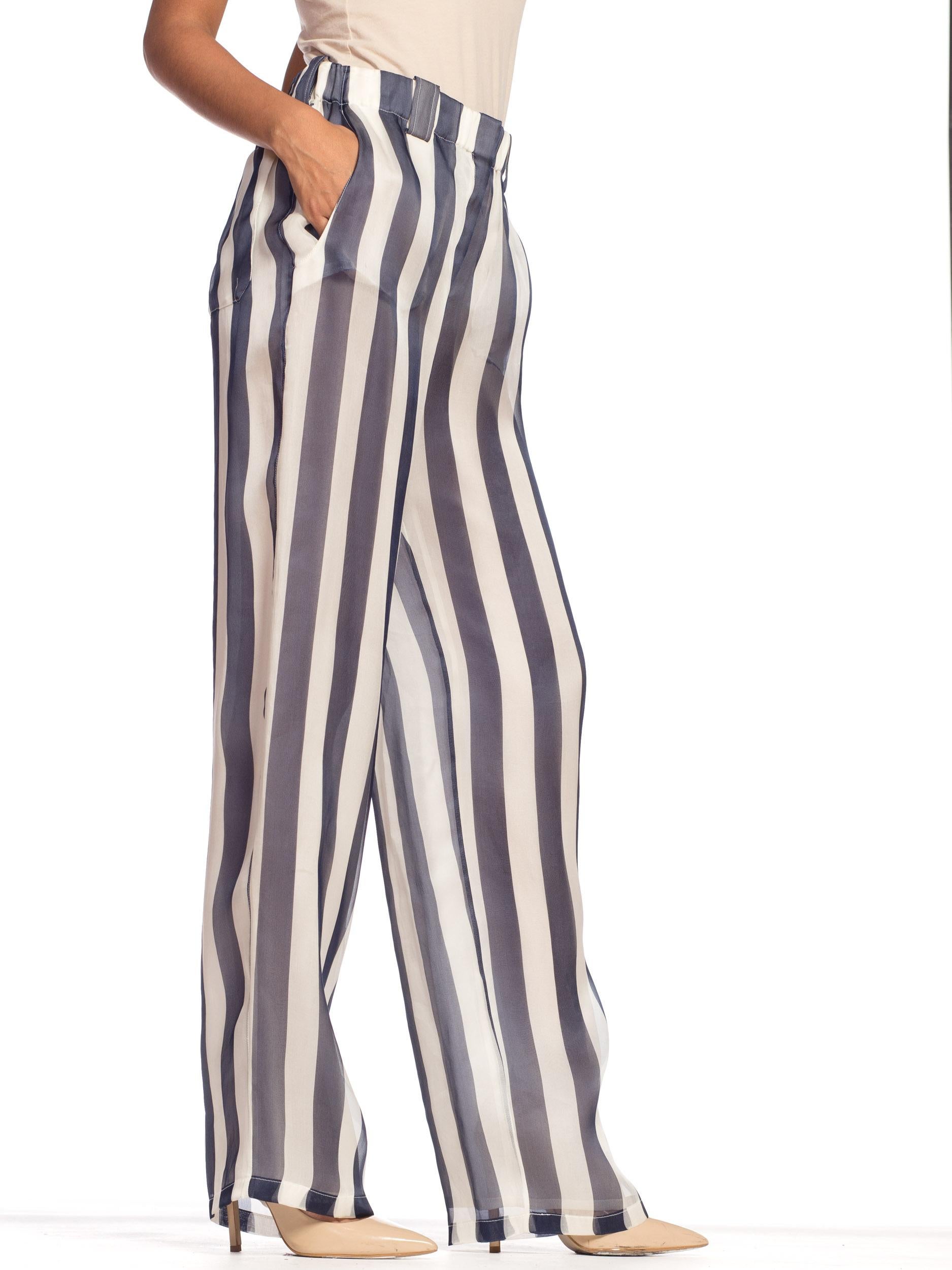 1990S GIORGIO ARMANI Blue & White Silk Organza Nautical Striped Pants 2