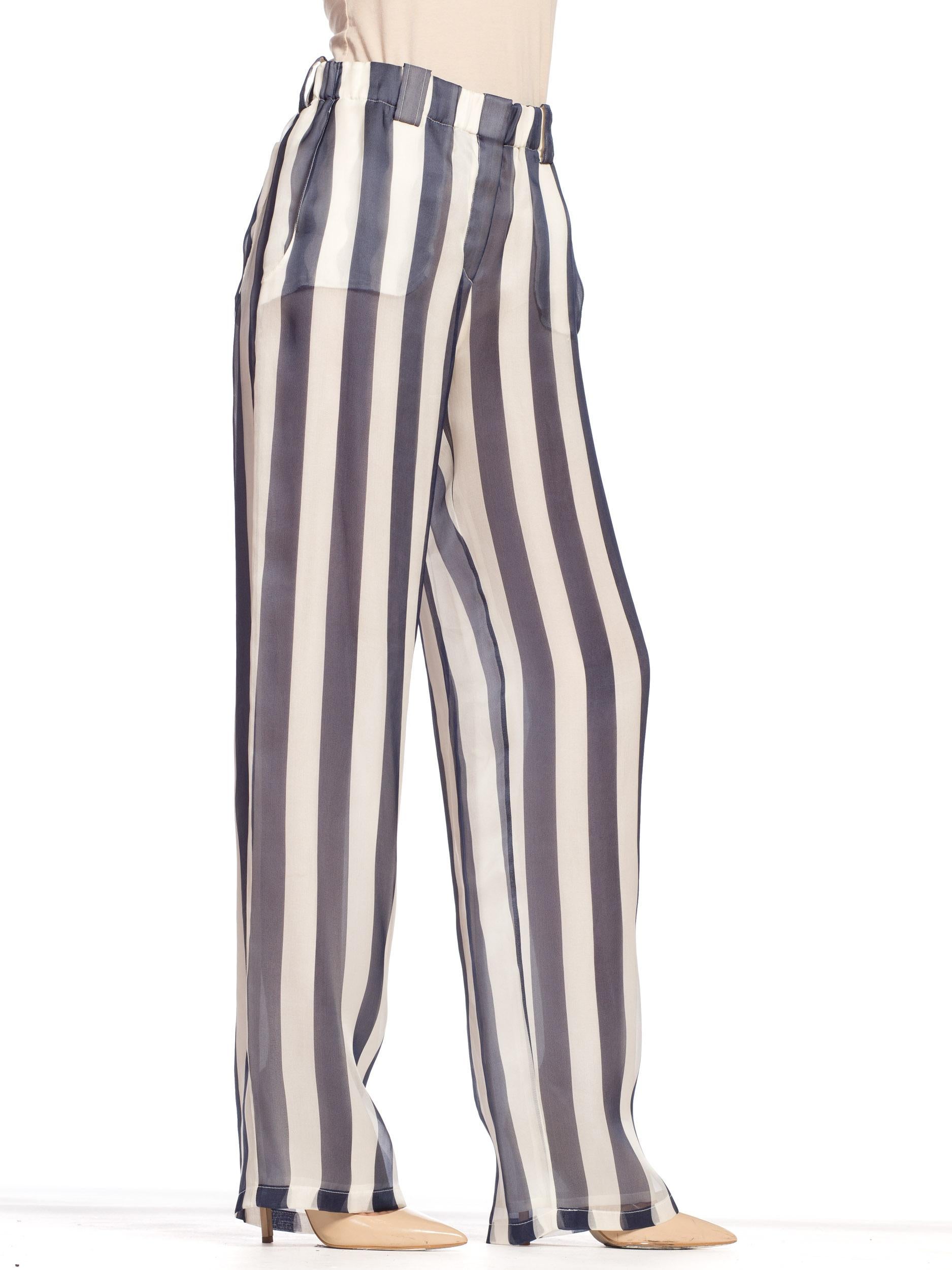 1990S GIORGIO ARMANI Blue & White Silk Organza Nautical Striped Pants 3