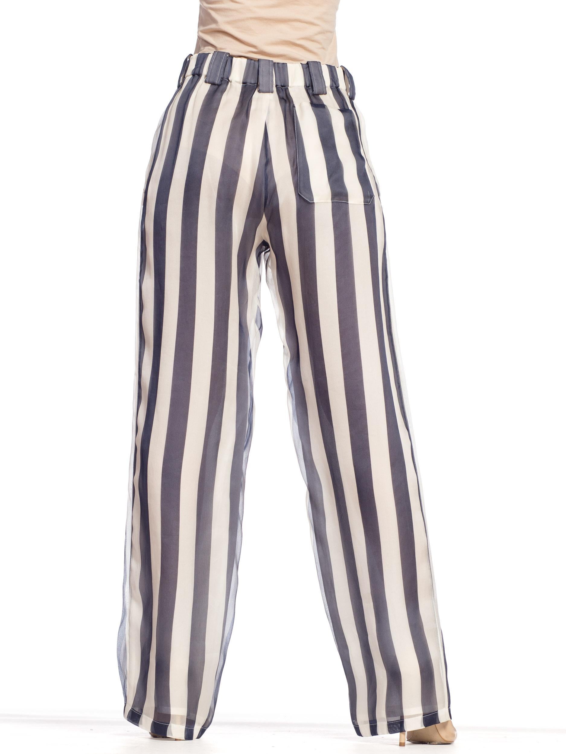 1990S GIORGIO ARMANI Blue & White Silk Organza Nautical Striped Pants 5