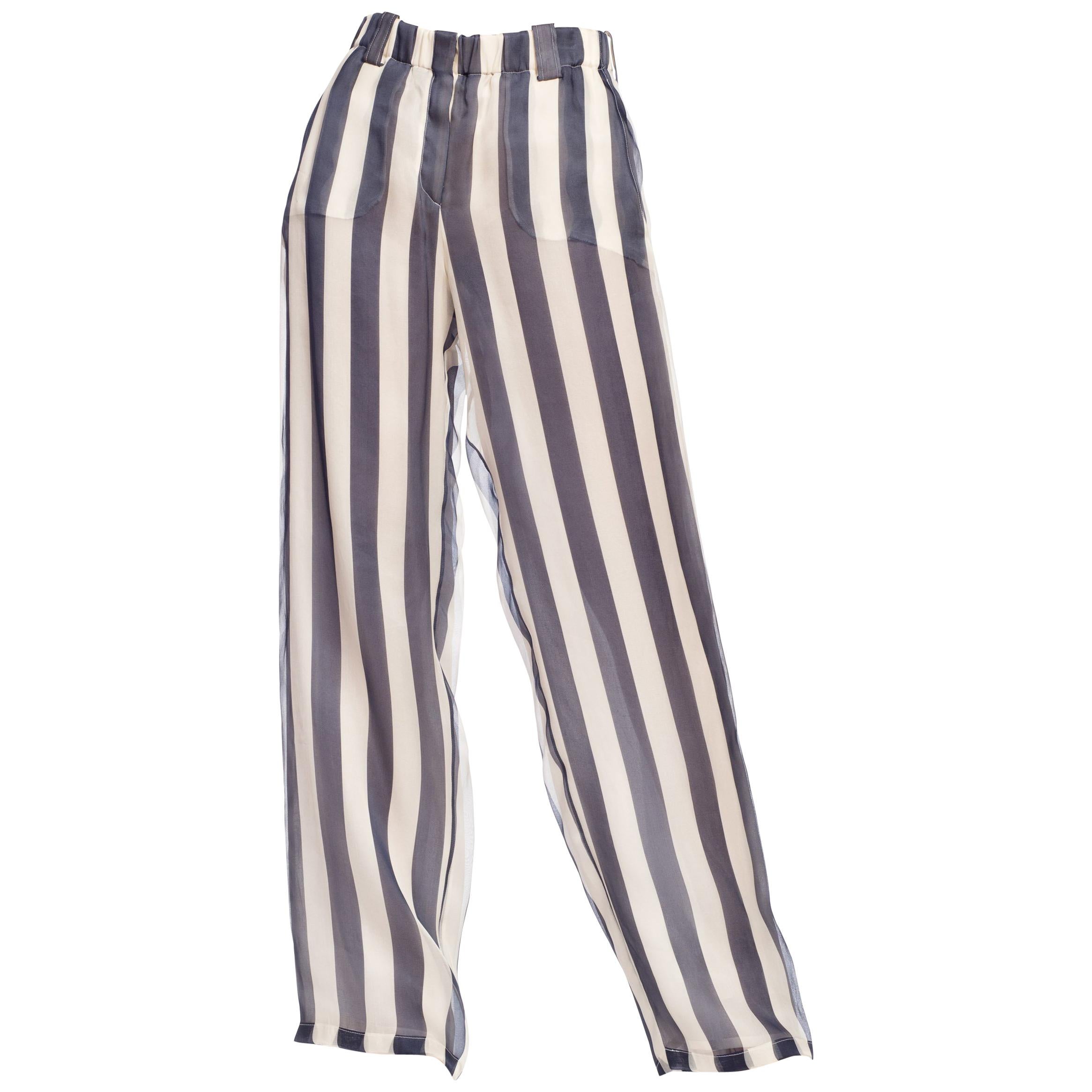 1990S GIORGIO ARMANI Blue & White Silk Organza Nautical Striped Pants