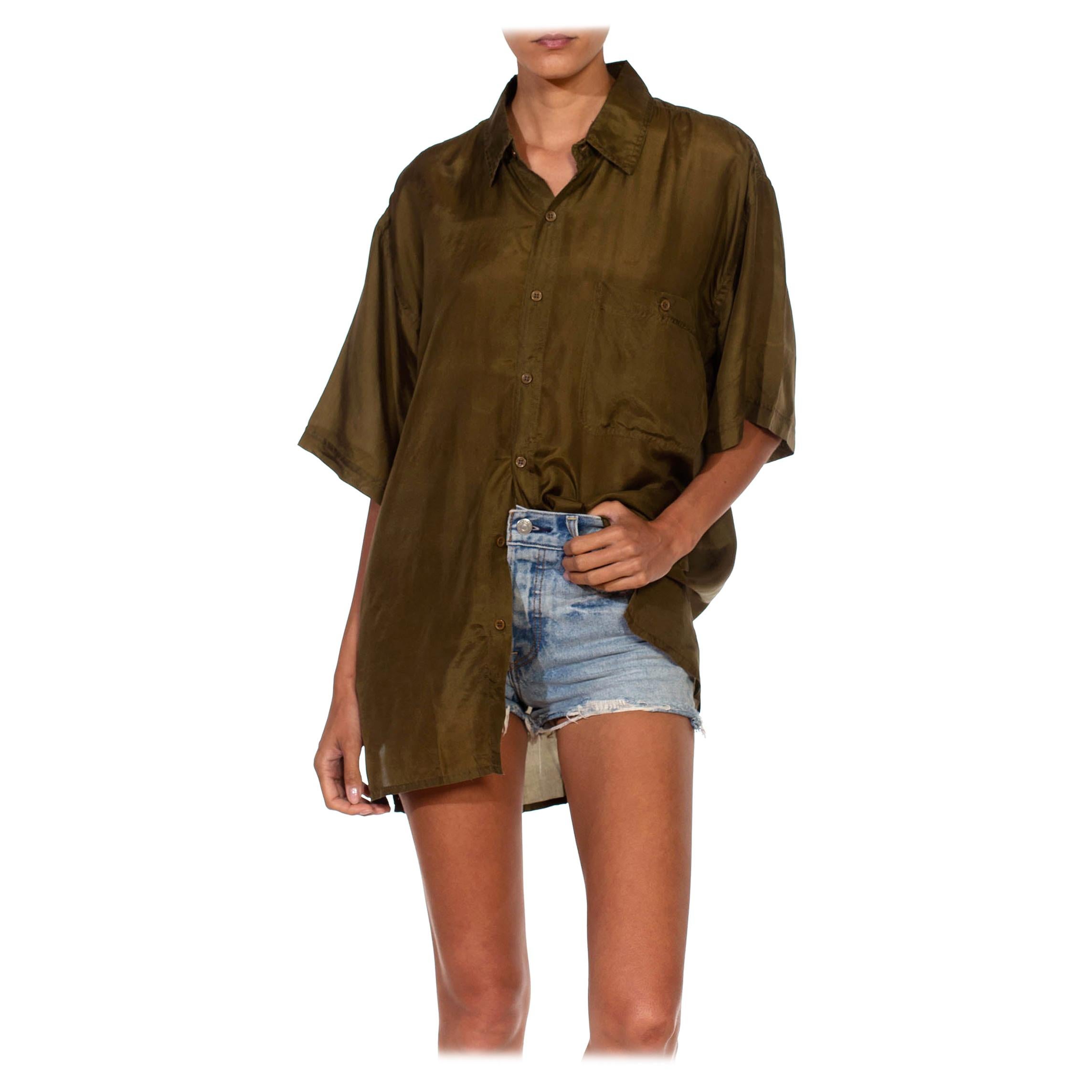 1990S Army Green Silk Short Sleeve Shirt