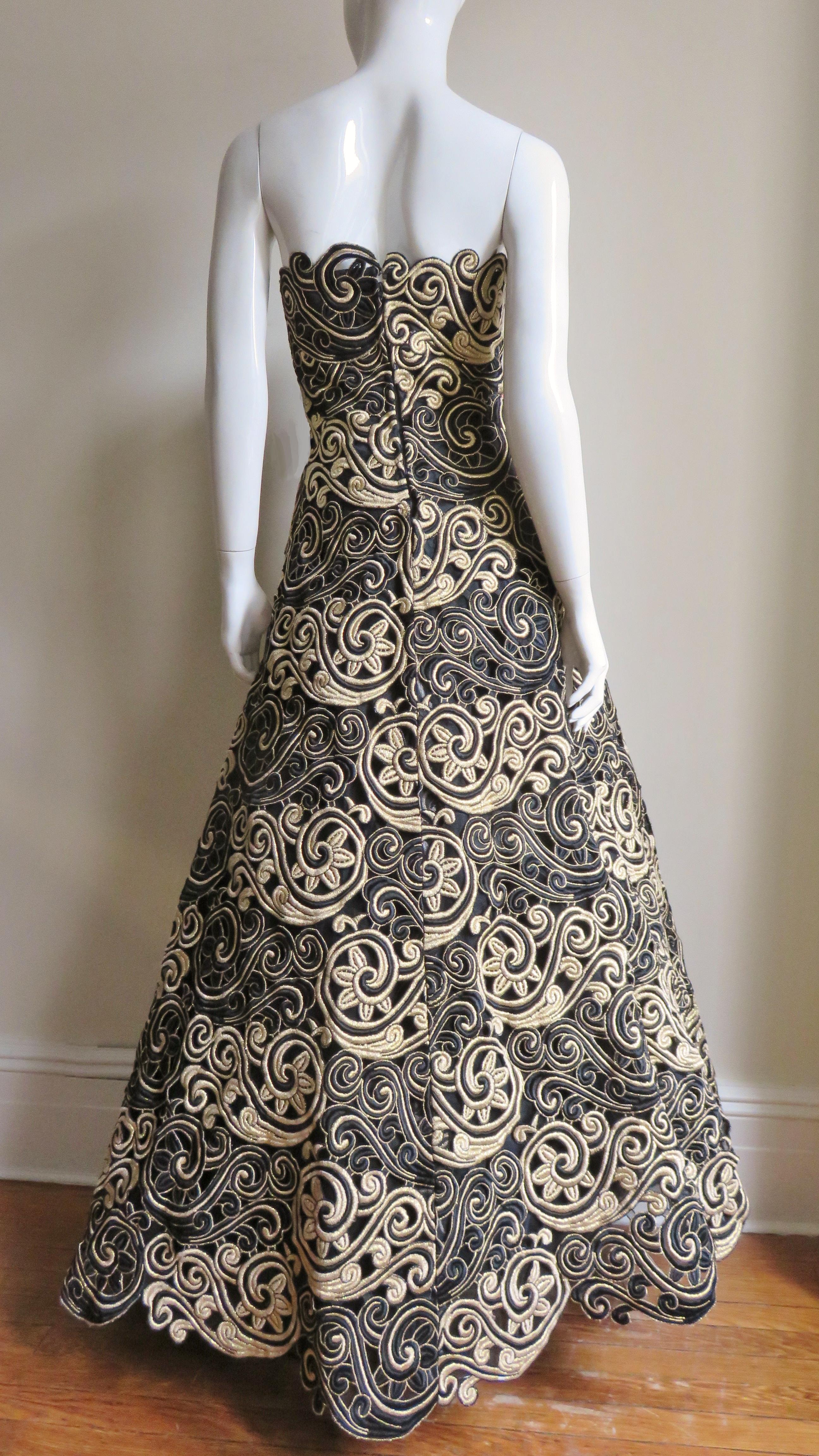 Arnold Scassi Embroidered Lace Silk Strapless Gown 1990s For Sale 5