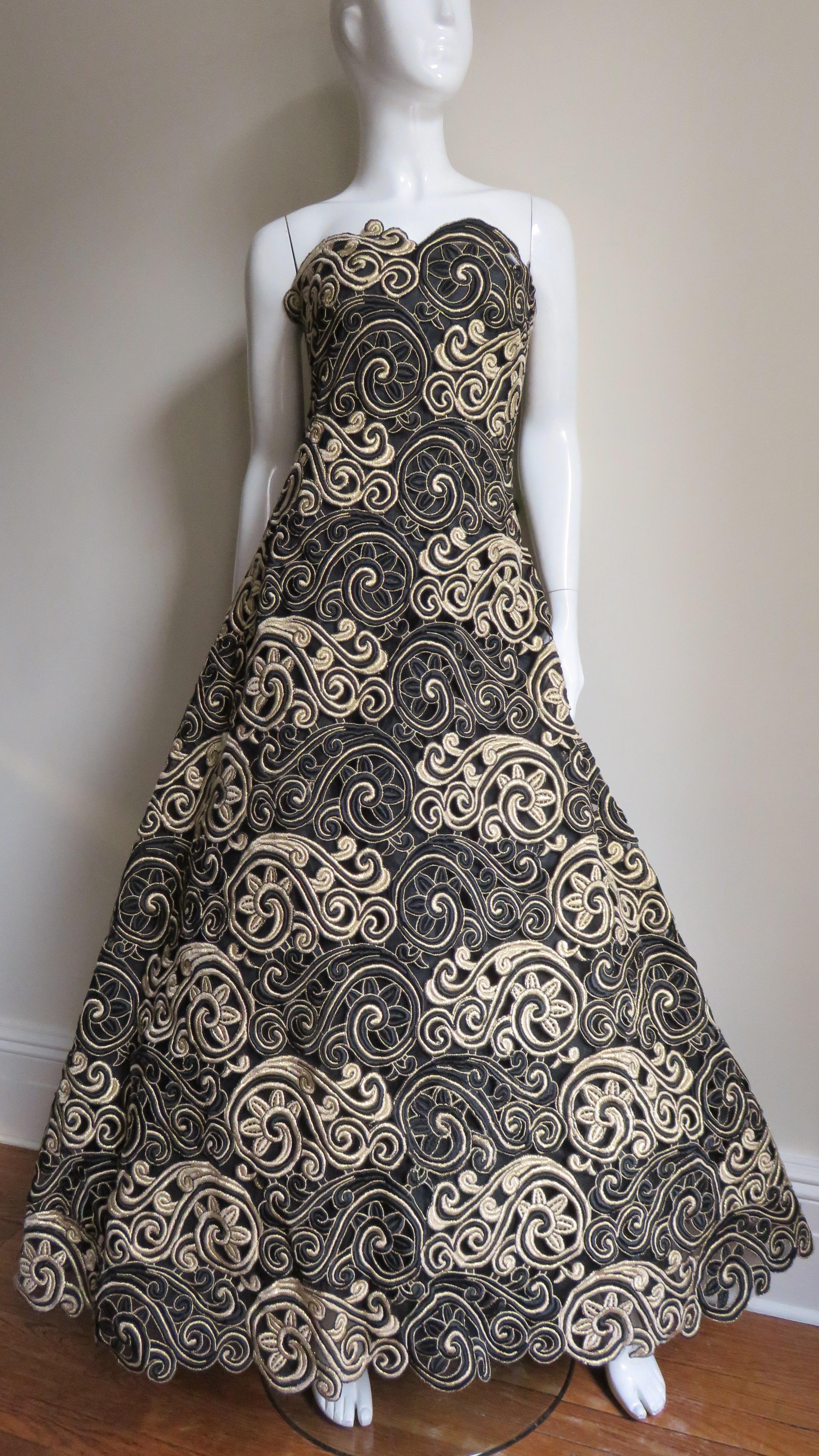 Arnold Scassi Embroidered Lace Silk Strapless Gown 1990s For Sale 1