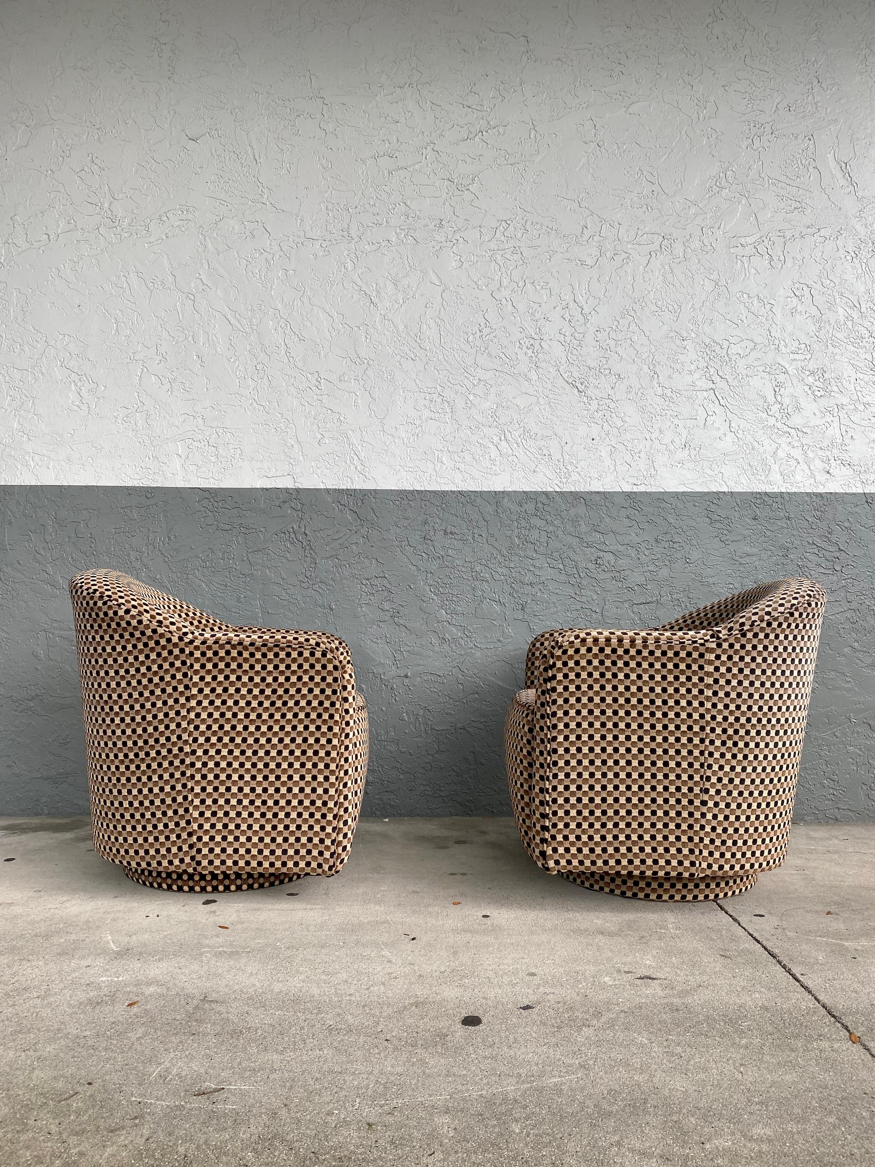 Post-Modern 1990s Art Cut Chenille Barrel Swivel Chairs, Set of 2 For Sale