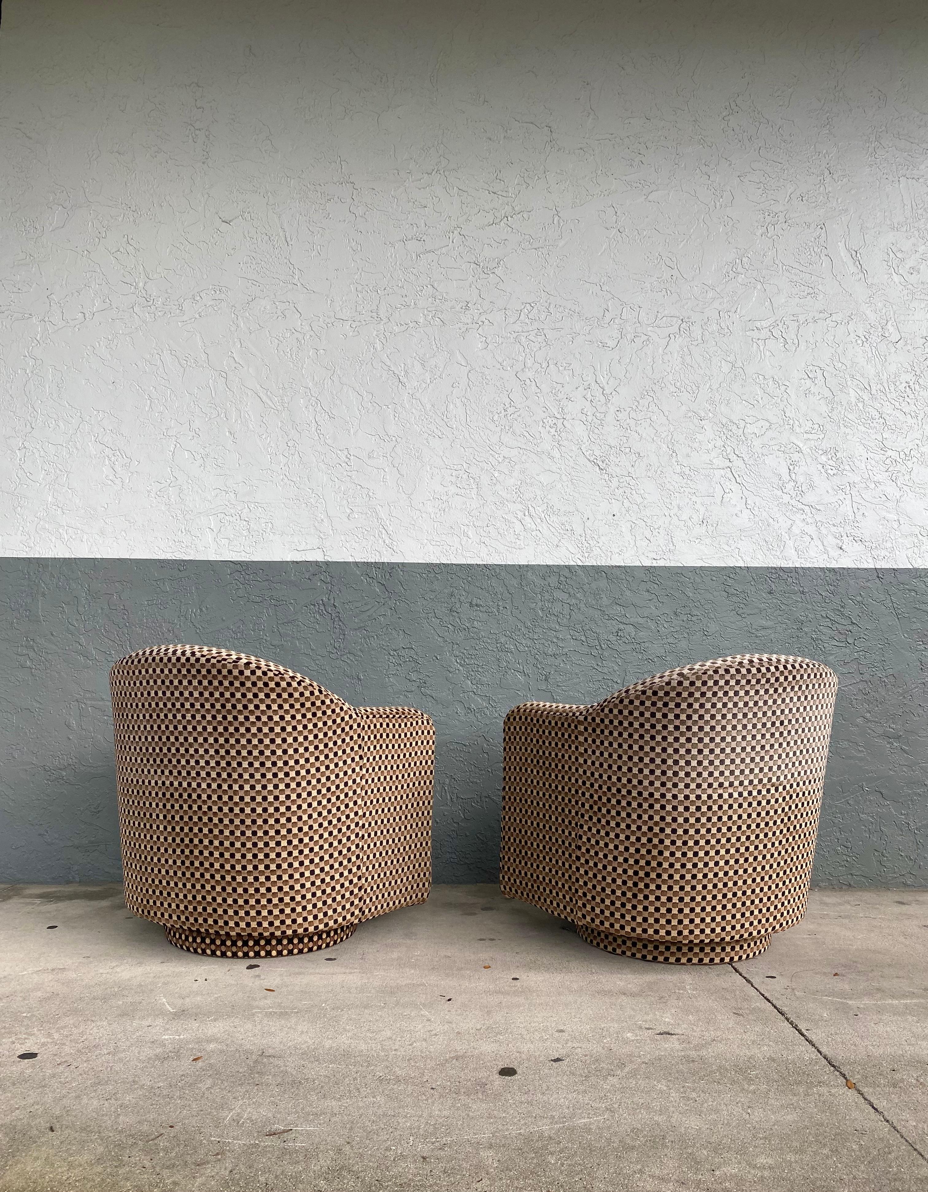 American 1990s Art Cut Chenille Barrel Swivel Chairs, Set of 2 For Sale