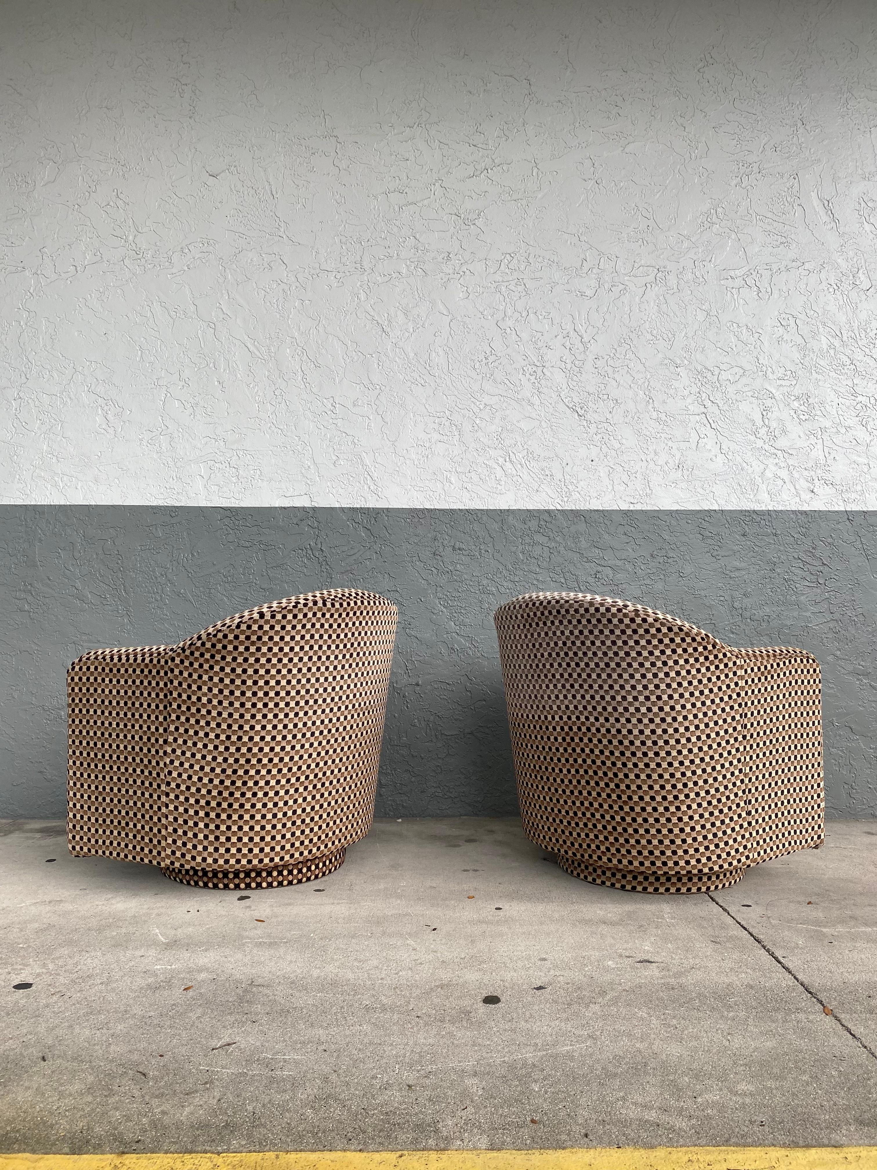 Late 20th Century 1990s Art Cut Chenille Barrel Swivel Chairs, Set of 2 For Sale