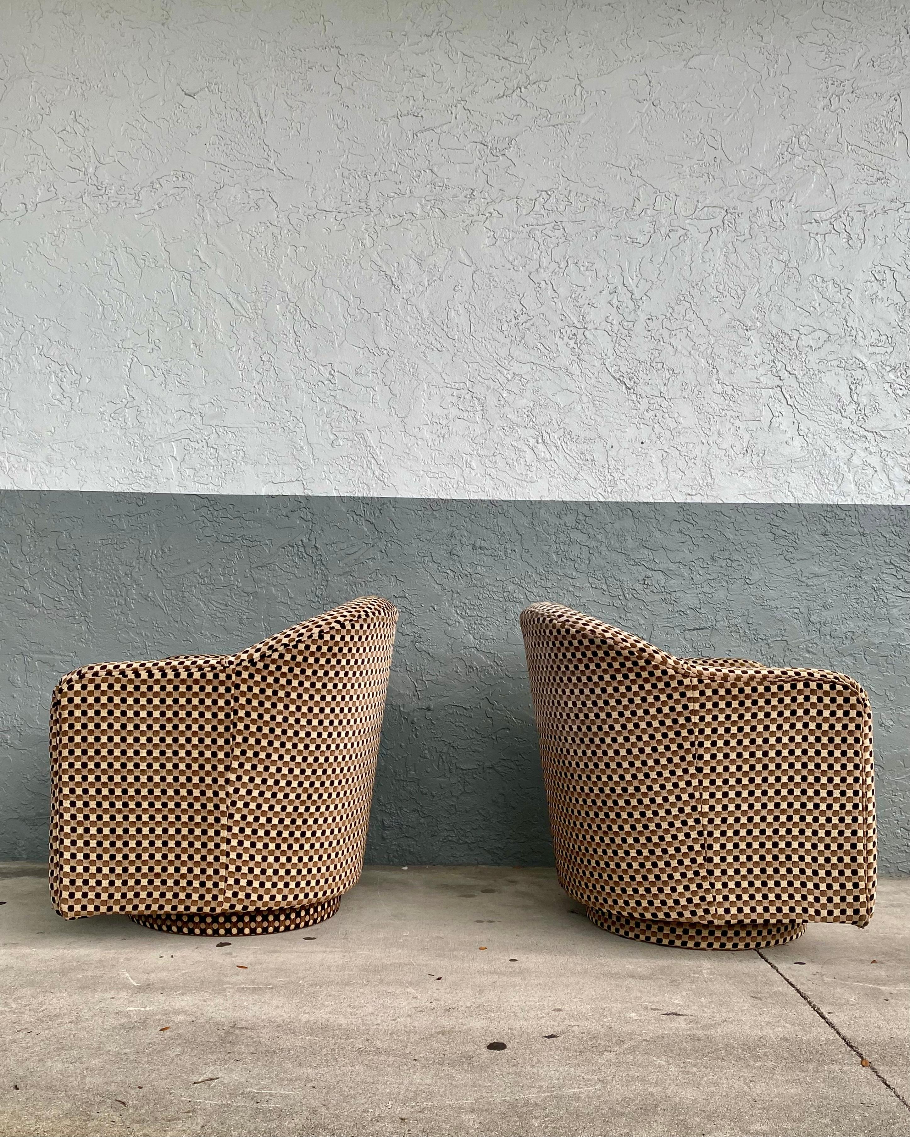 1990s Art Cut Chenille Barrel Swivel Chairs, Set of 2 For Sale 1