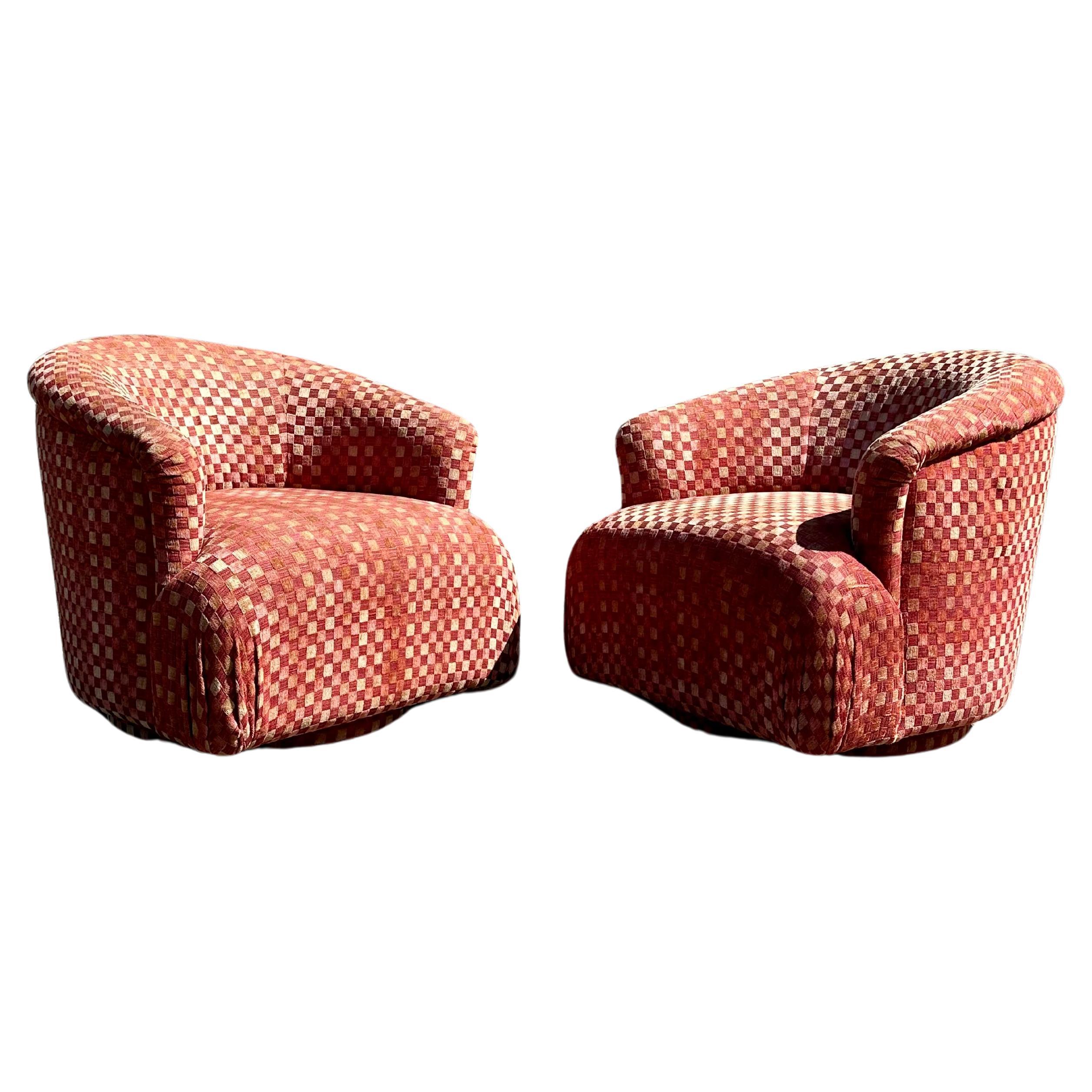 1990s Art Cut Chenille Barrel Swivel Chairs, Set of 2