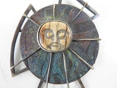 1990s Artist Studio Made Sterling Copper Carved Sun Brooch
