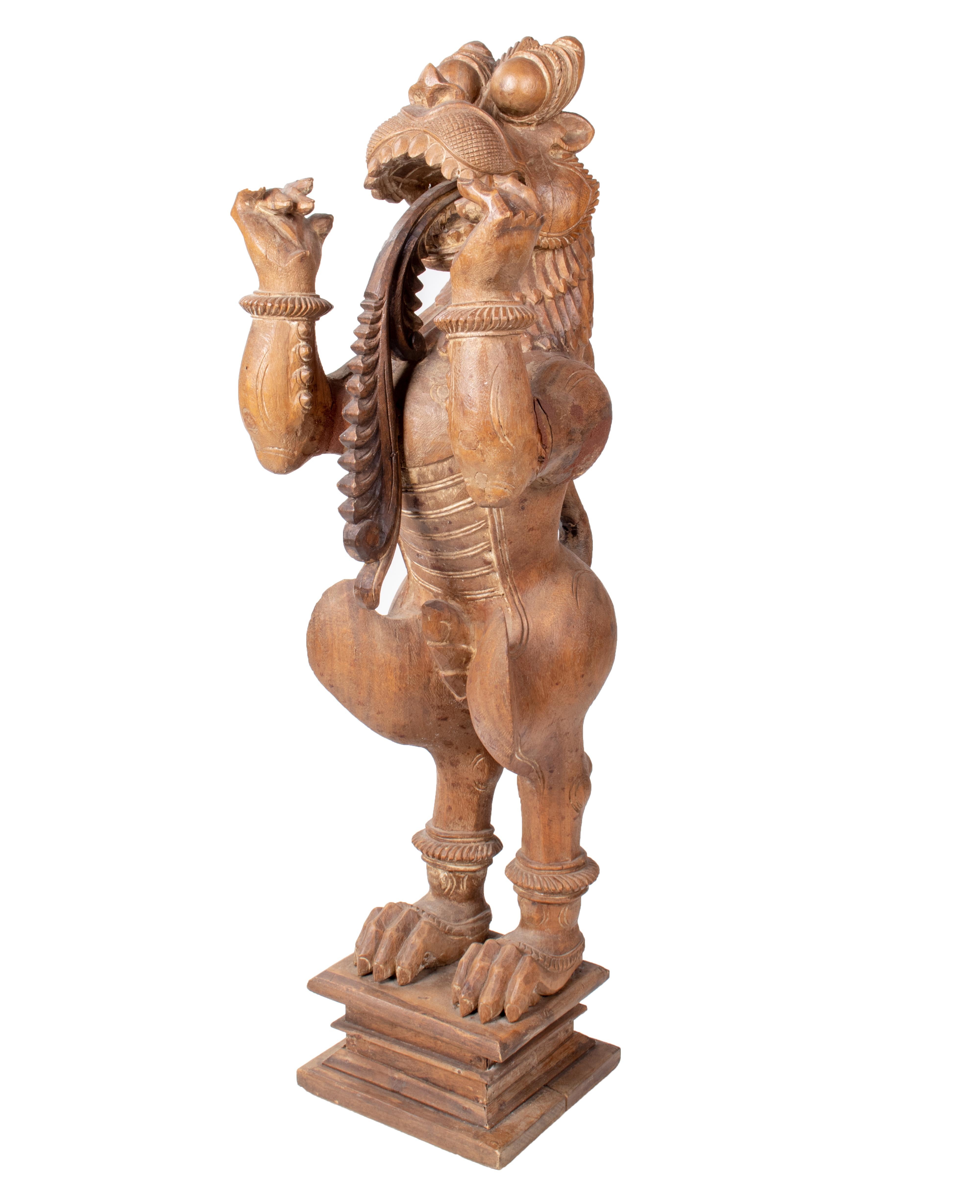Hand-Carved 1990s Asian Hand Carved Teak Wood Mythical Animal Sculpture