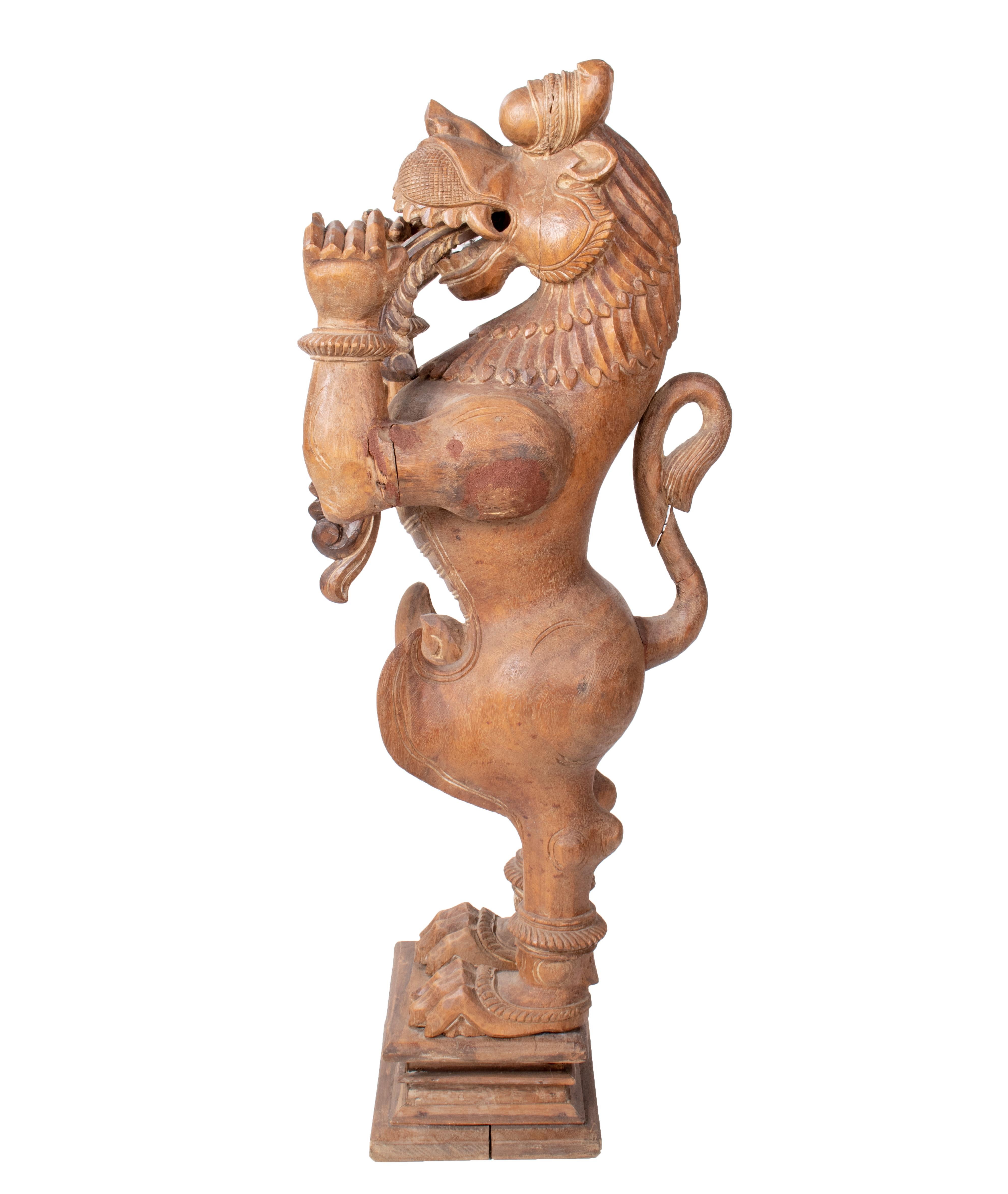 1990s Asian Hand Carved Teak Wood Mythical Animal Sculpture In Good Condition In Marbella, ES
