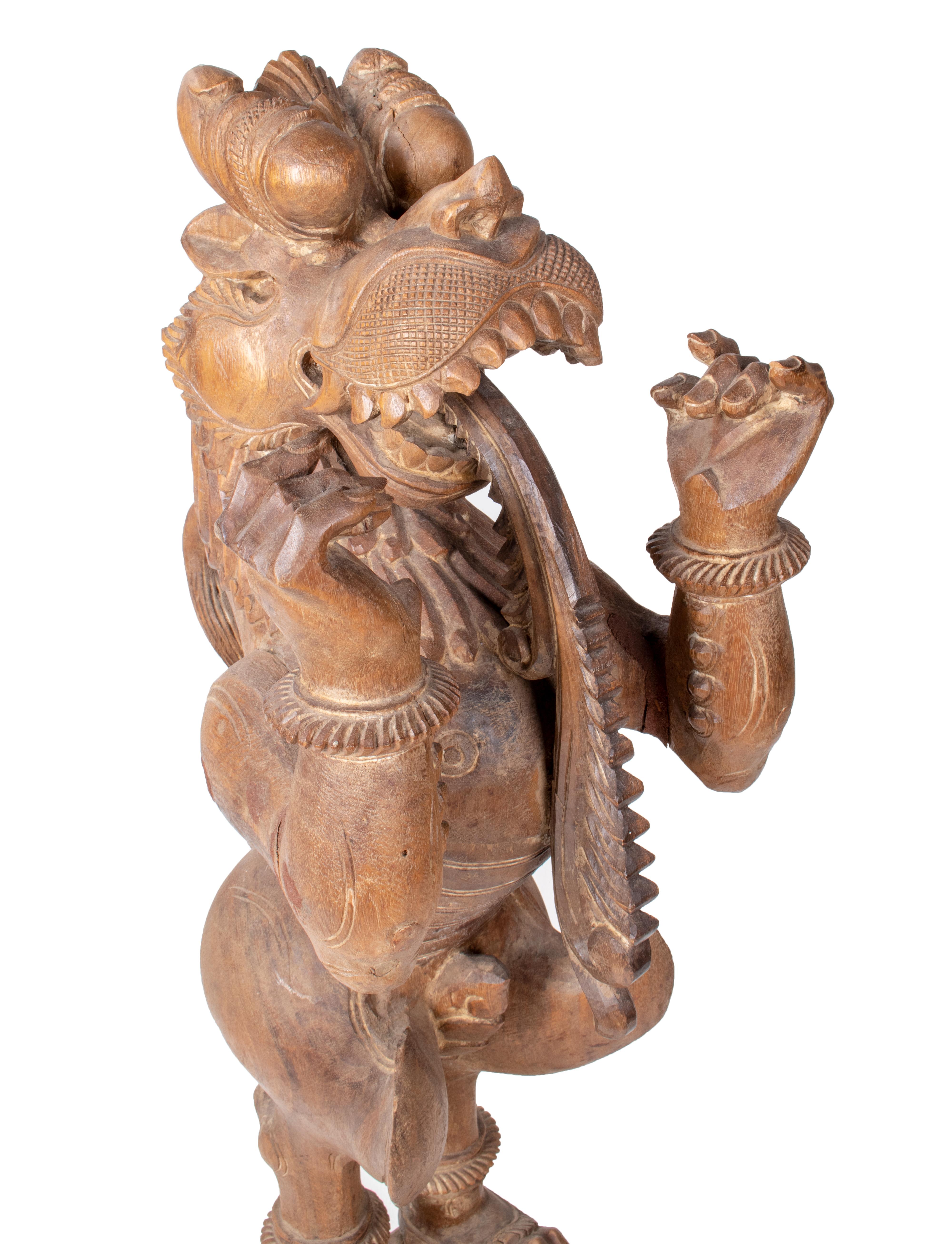 1990s Asian Hand Carved Teak Wood Mythical Animal Sculpture 3