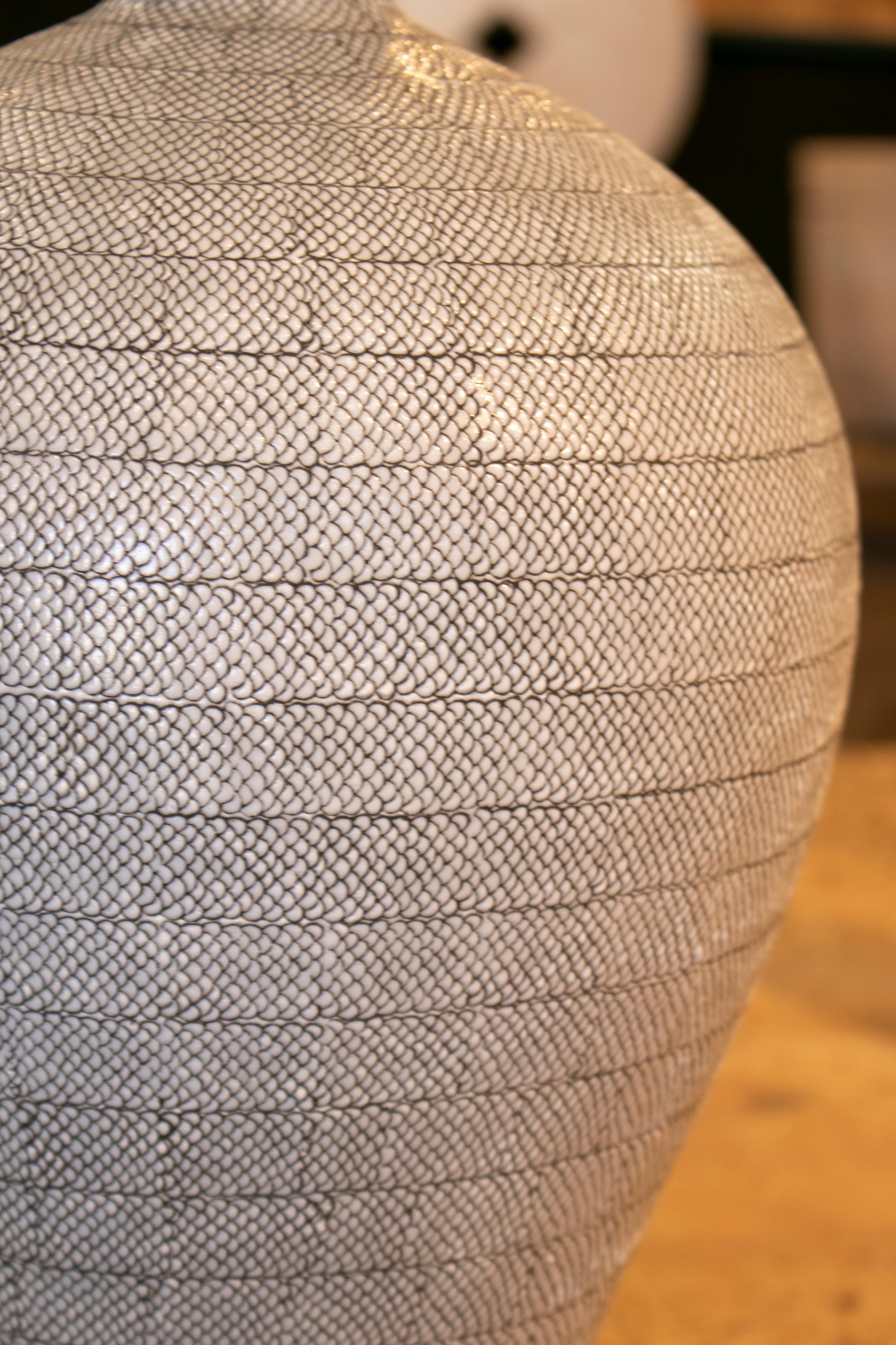 1990s Asiatic White Ceramic Vase with Fish Scales Design 3
