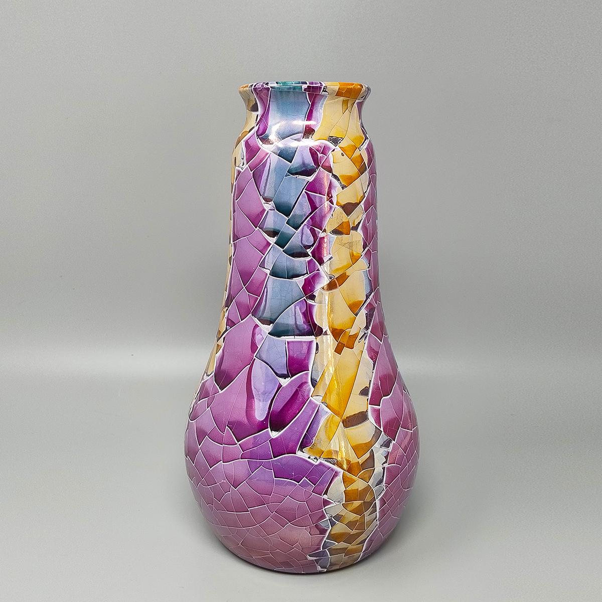 Italian 1990s Astonishing Giuseppe Locci Polycrome Craquelé Vase in Sardinian Ceramic. M For Sale