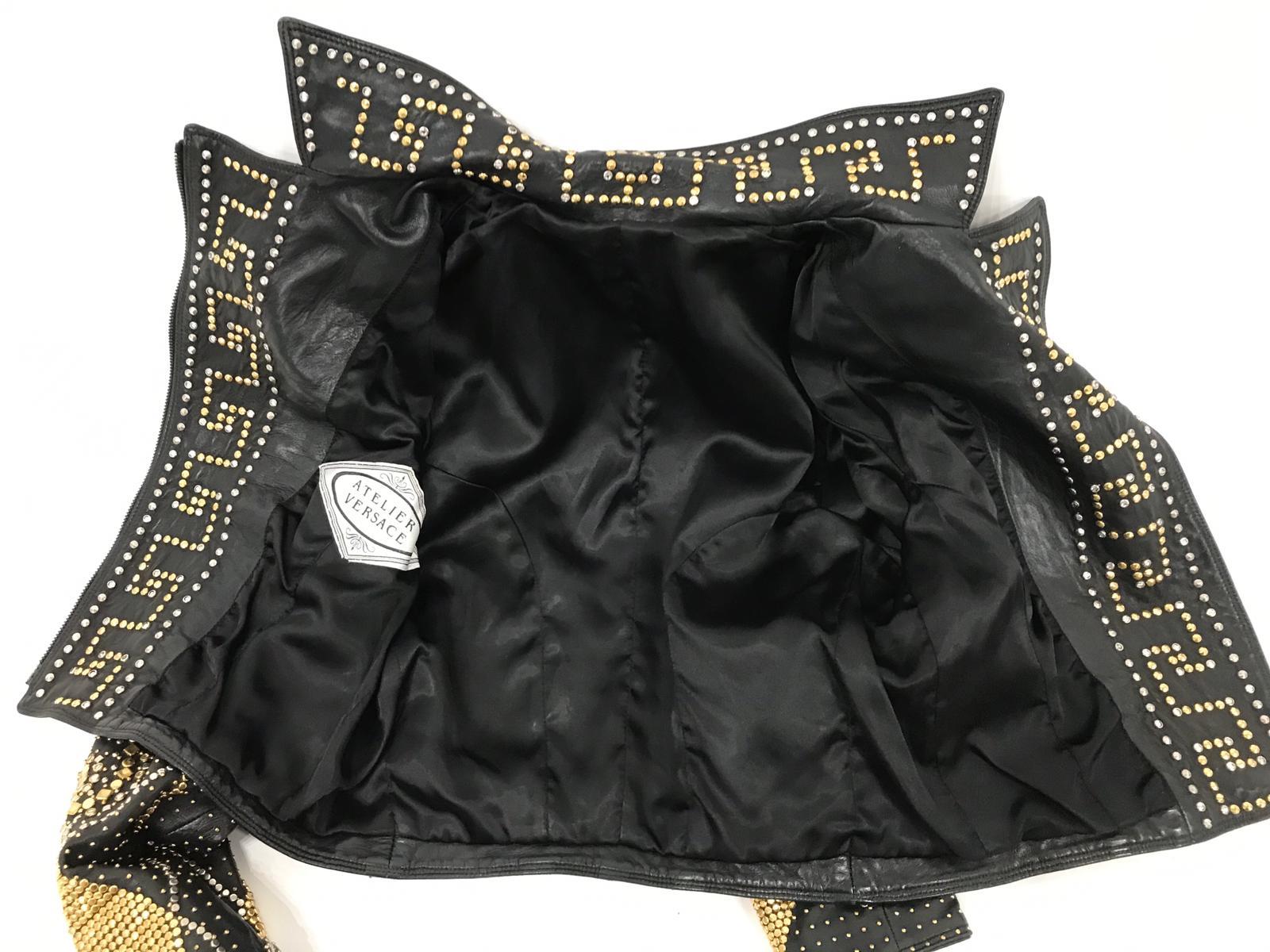 1990S ATELIER VERSACE Black Leather 1991 Cropped Biker Jacket Covered In Gold S 7