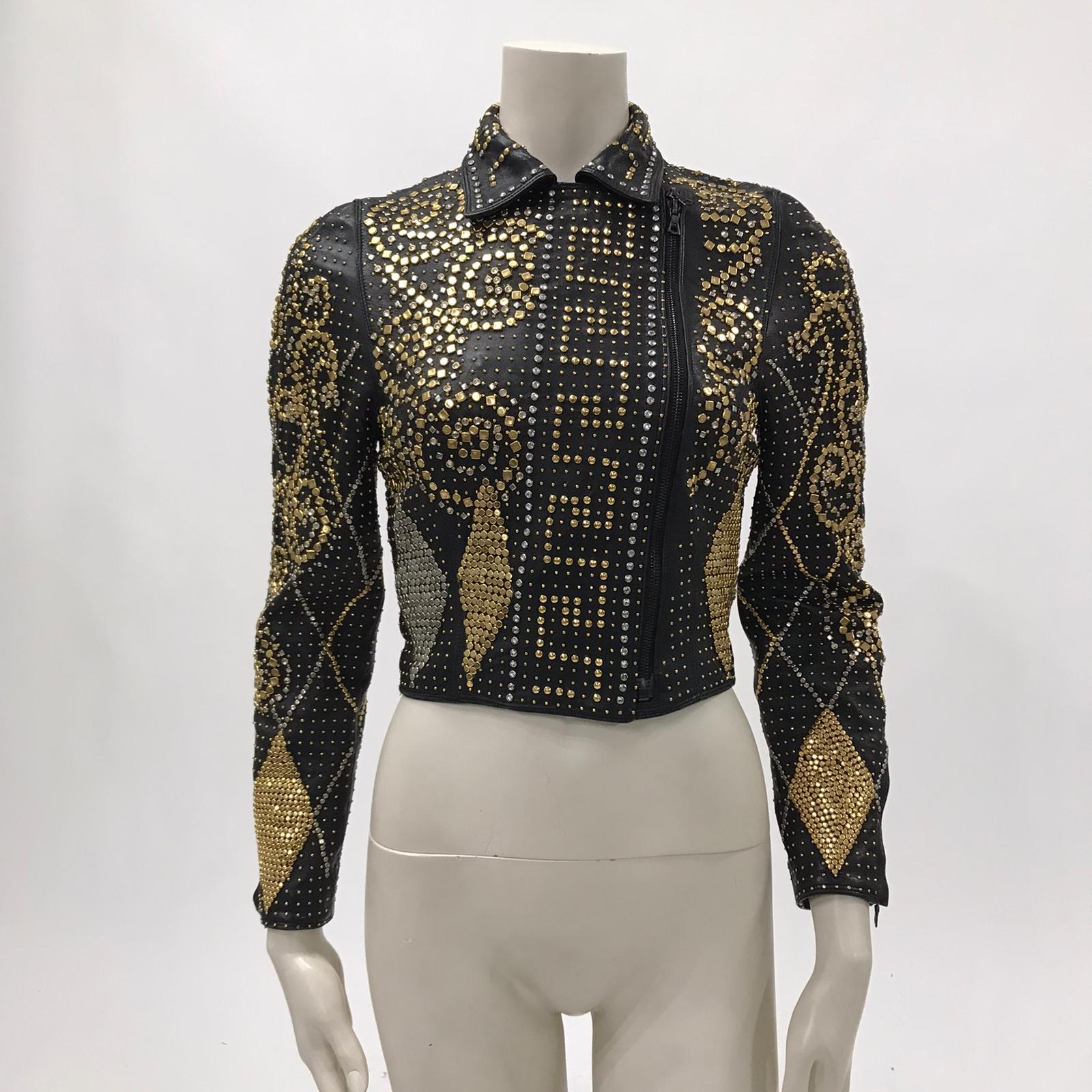 1990S ATELIER VERSACE Black Leather 1991 Cropped Biker Jacket Covered In Gold S In Excellent Condition In New York, NY