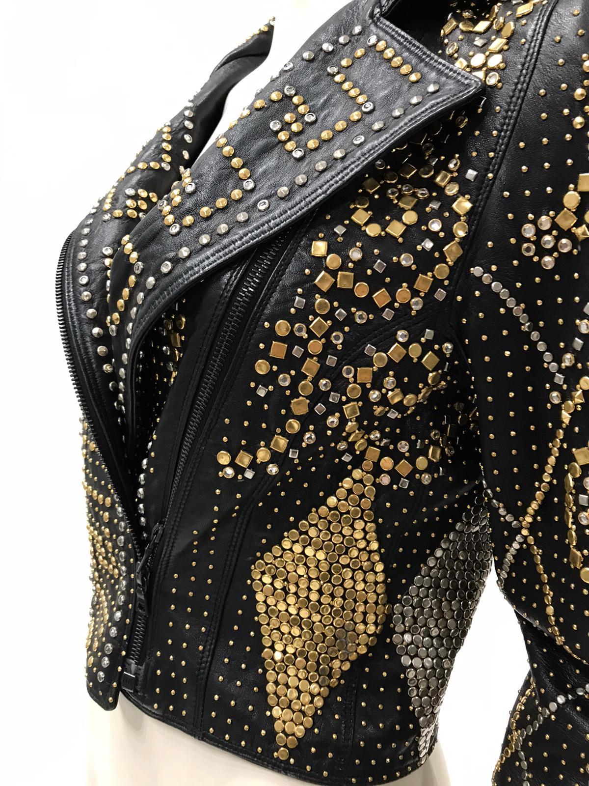 1990S ATELIER VERSACE Black Leather 1991 Cropped Biker Jacket Covered In Gold S 3