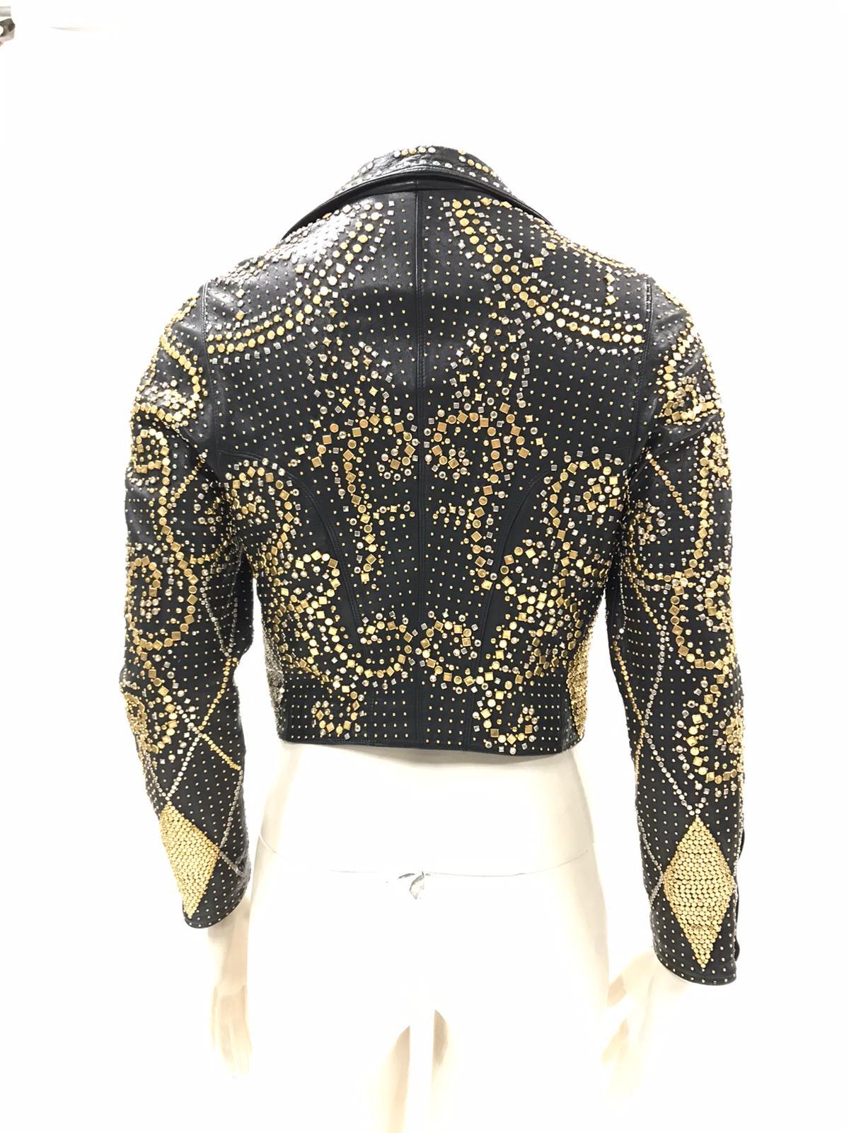 1990S ATELIER VERSACE Black Leather 1991 Cropped Biker Jacket Covered In Gold S 4