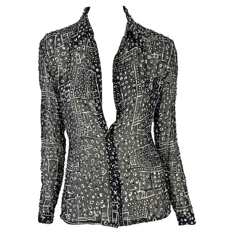 1990s Atelier Versace Black White Abstract Beaded Collared Shirt For Sale