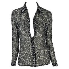 Vintage 1990s Atelier Versace Black White Abstract Beaded Collared Shirt