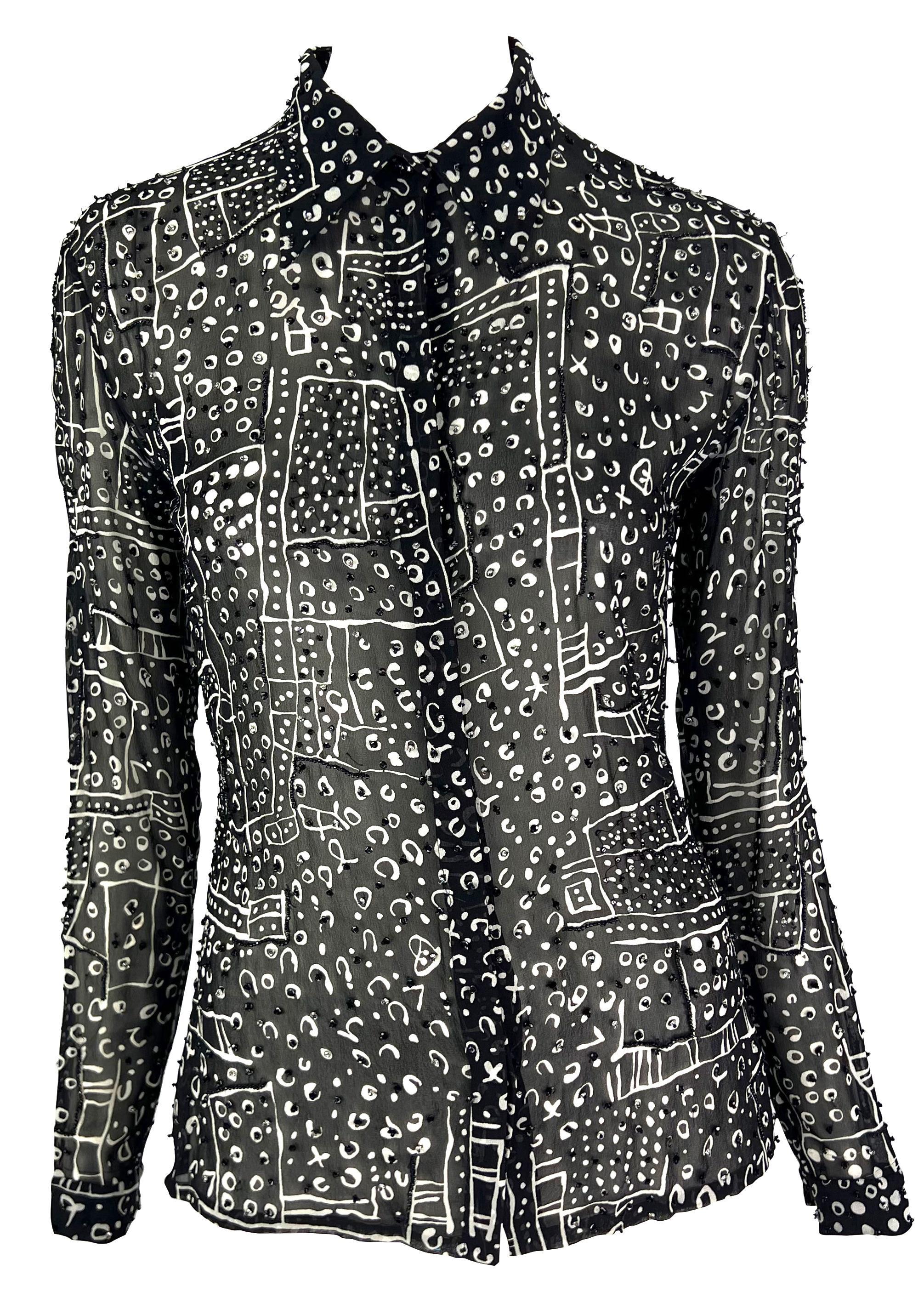 Nero Atelier Versace anni '90 Camicia con colletto con perline astratte bianche e nere in vendita