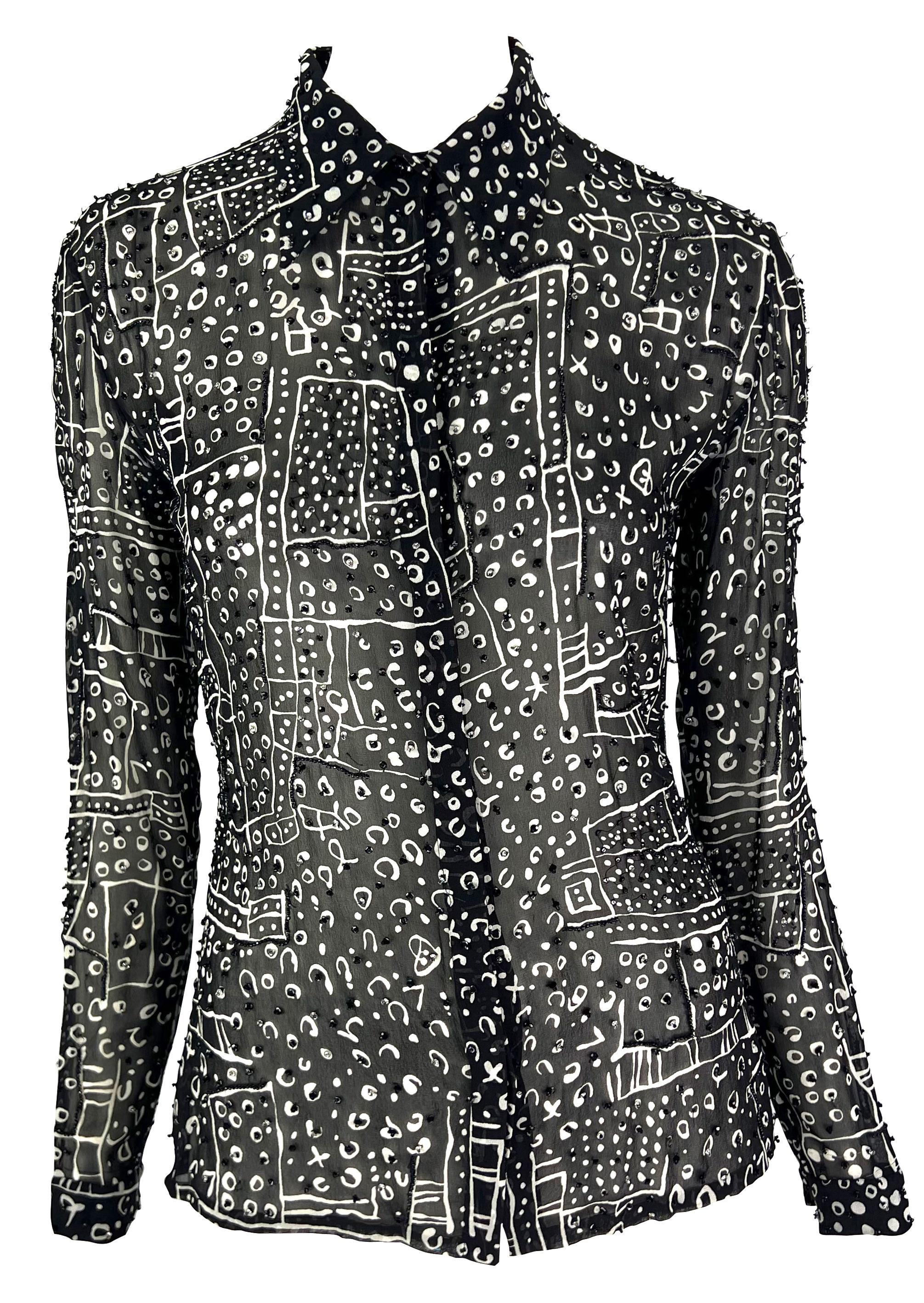 1990s Atelier Versace Black White Abstract Beaded Collared Shirt In Excellent Condition For Sale In West Hollywood, CA