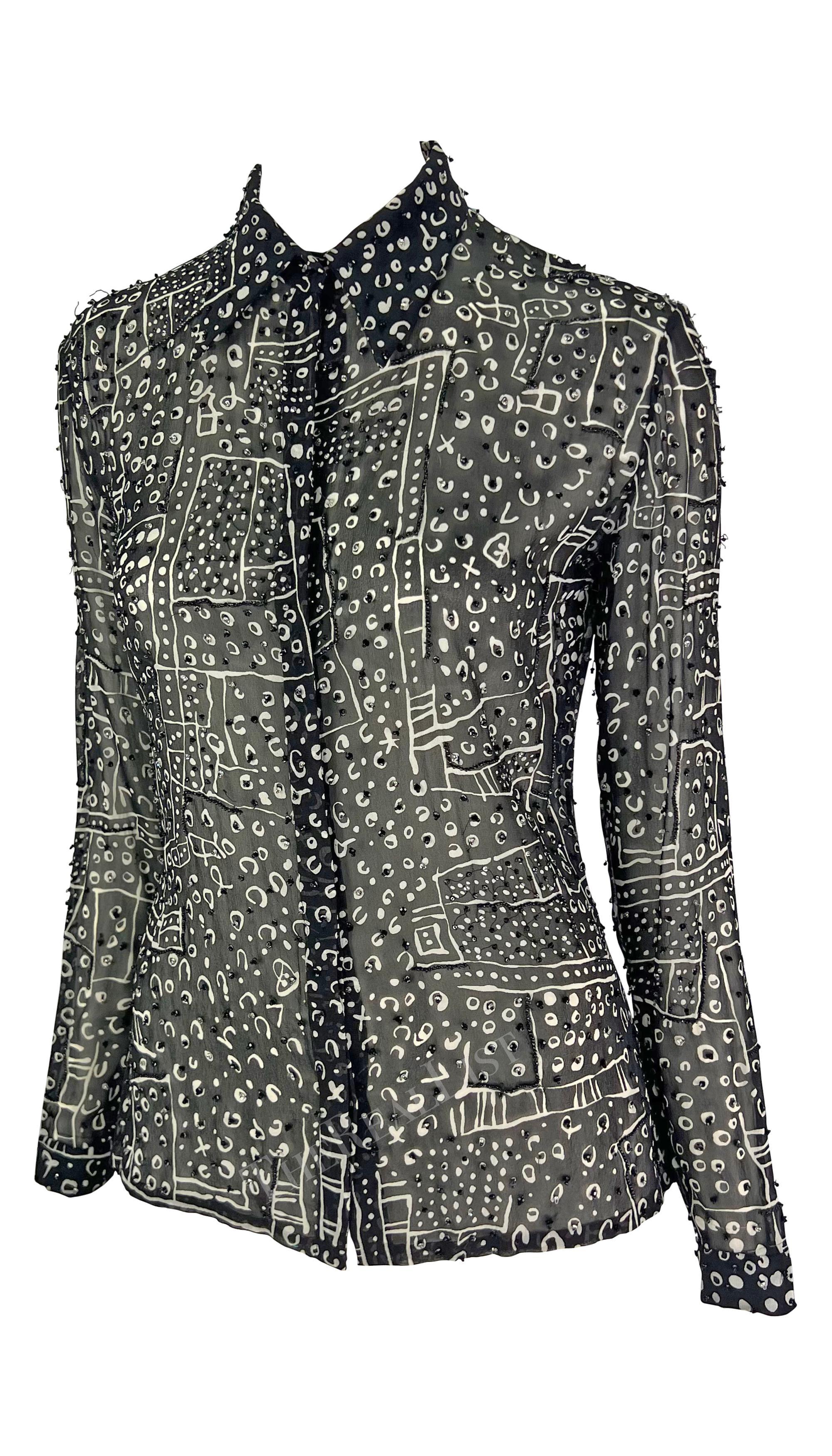 Atelier Versace anni '90 Camicia con colletto con perline astratte bianche e nere In condizioni ottime in vendita a West Hollywood, CA