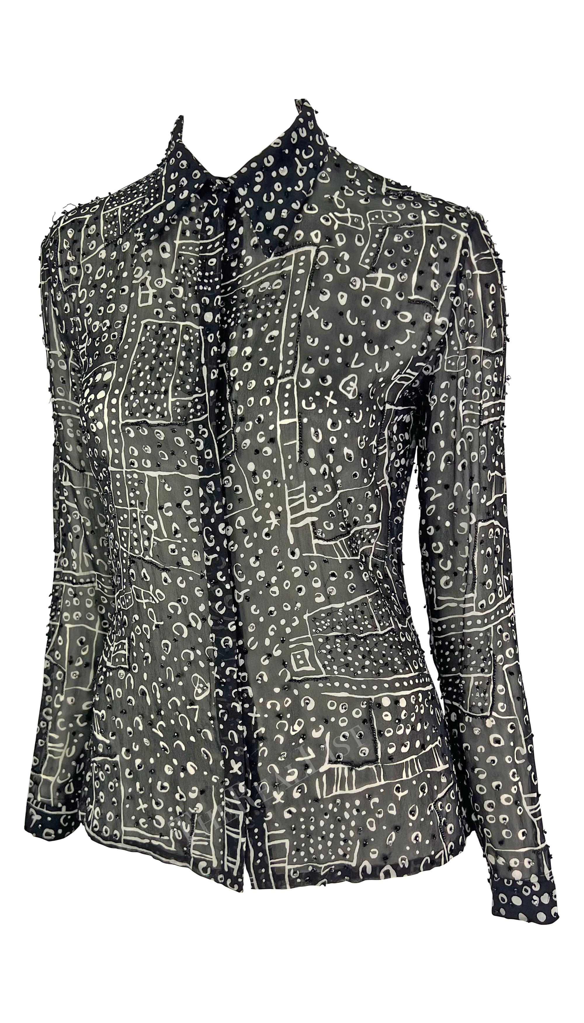 Women's 1990s Atelier Versace Black White Abstract Beaded Collared Shirt For Sale