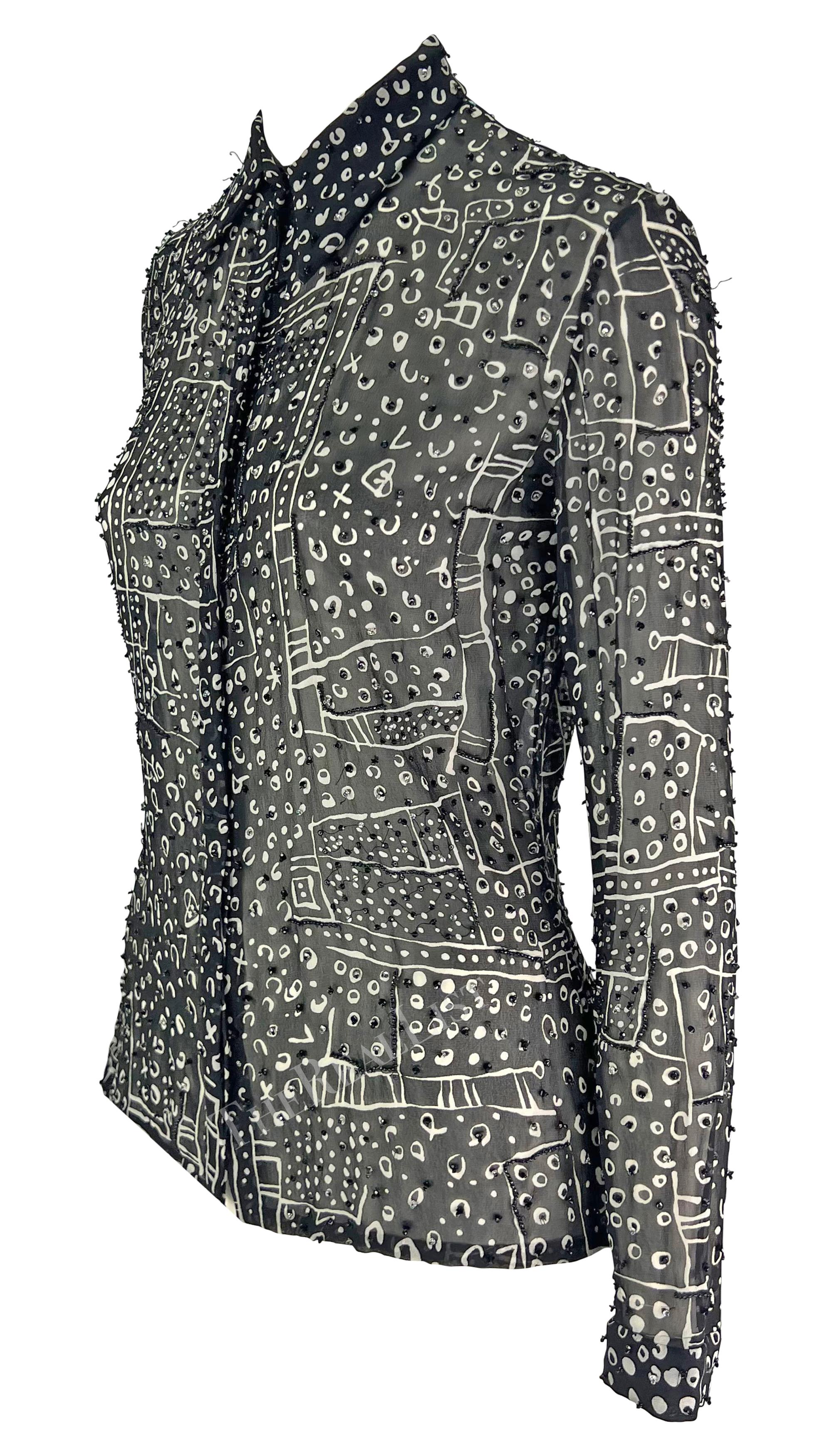 1990s Atelier Versace Black White Abstract Beaded Collared Shirt For Sale 1