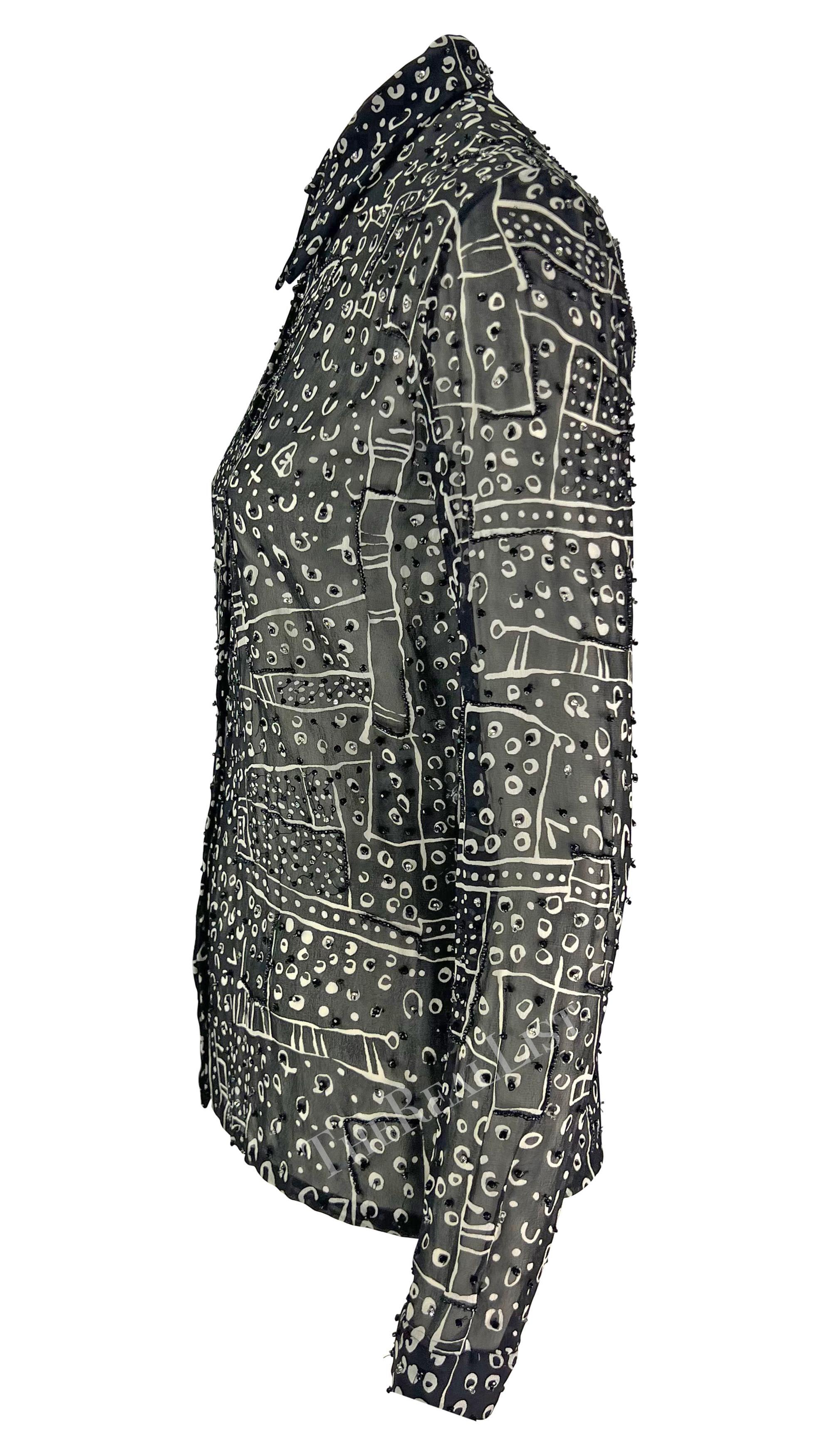 Atelier Versace anni '90 Camicia con colletto con perline astratte bianche e nere in vendita 1
