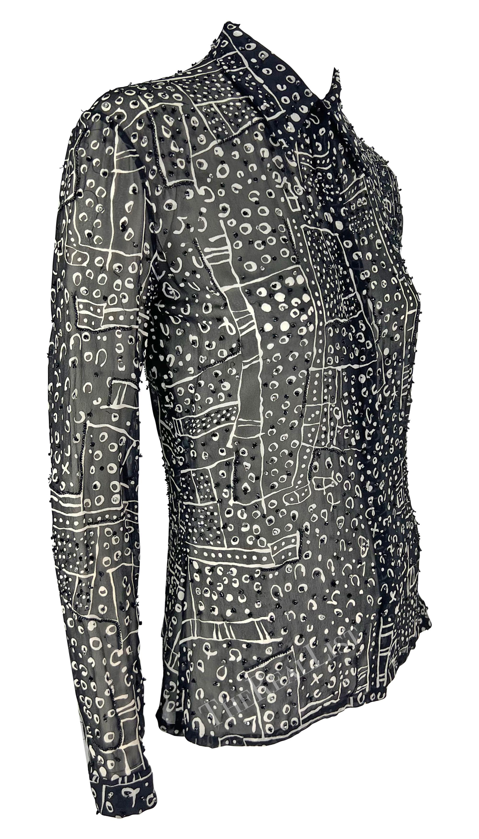 Atelier Versace anni '90 Camicia con colletto con perline astratte bianche e nere in vendita 4
