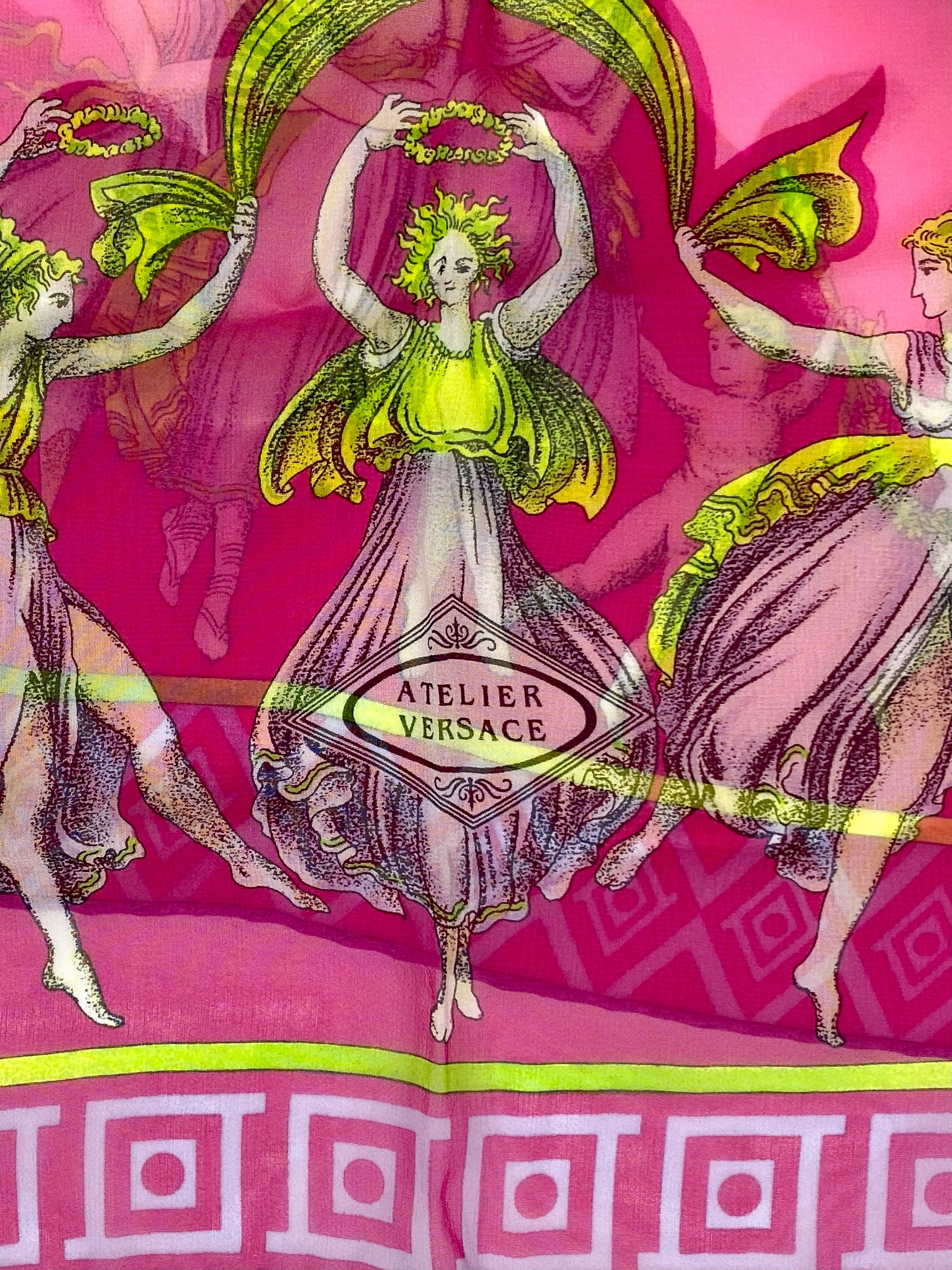 Presenting a bright pink and green sheer Atelier Versace scarf, designed by Gianni Versace. This gorgeous 'Amore and Desire' scarf is from Gianni Versace's 'haute couture' collection and features ancient Greek/Roman sculpture scenes and motifs. This