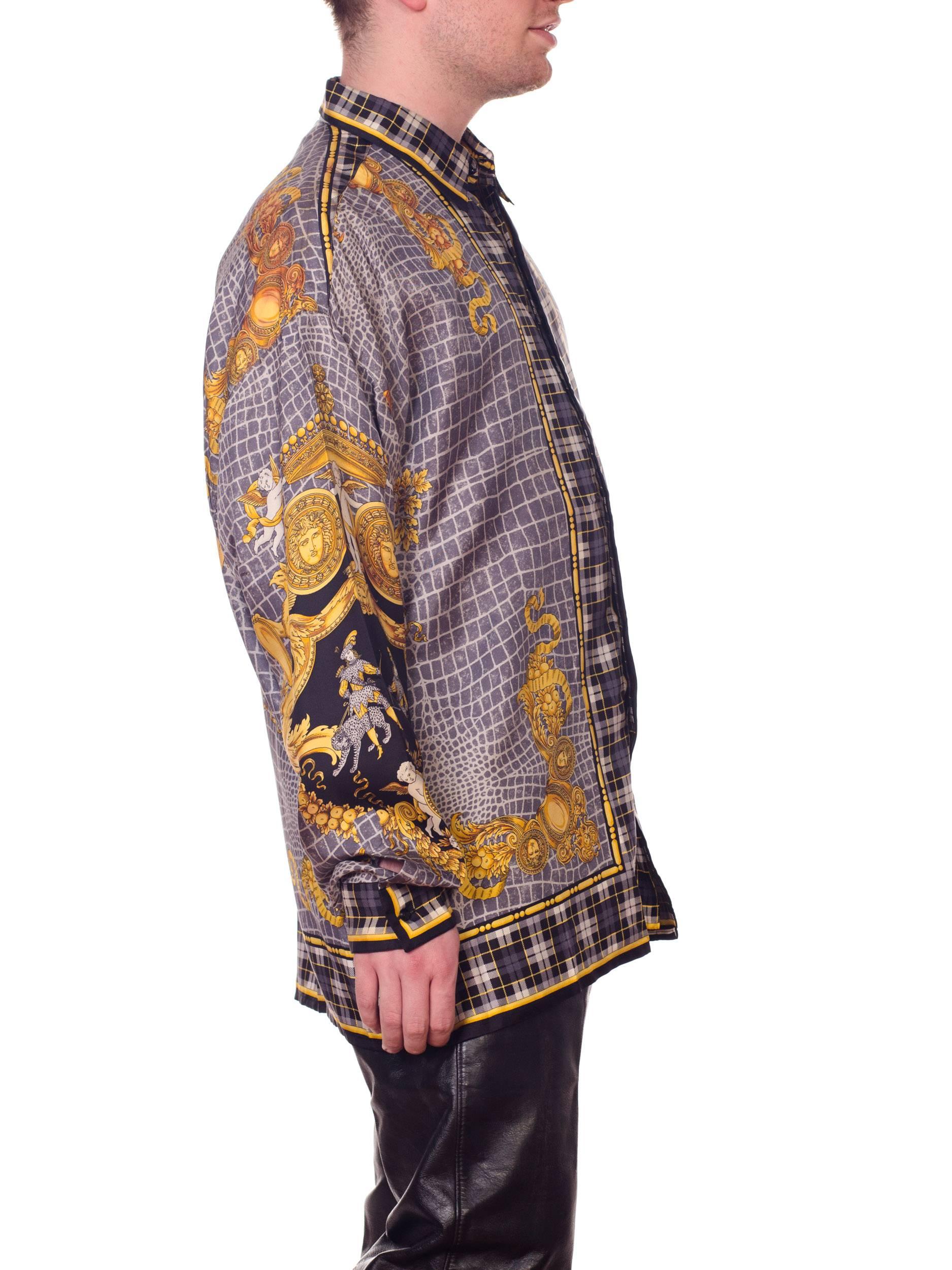 1990s Atelier Versace Men's Silk Printed Crocodile & Medusa Shirt with Knights 5