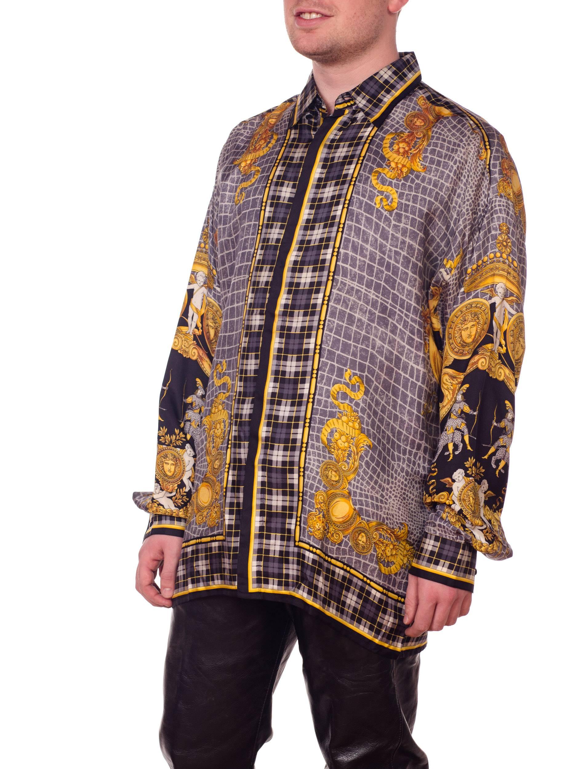 1990s Atelier Versace Men's Silk Printed Crocodile & Medusa Shirt with Knights 2