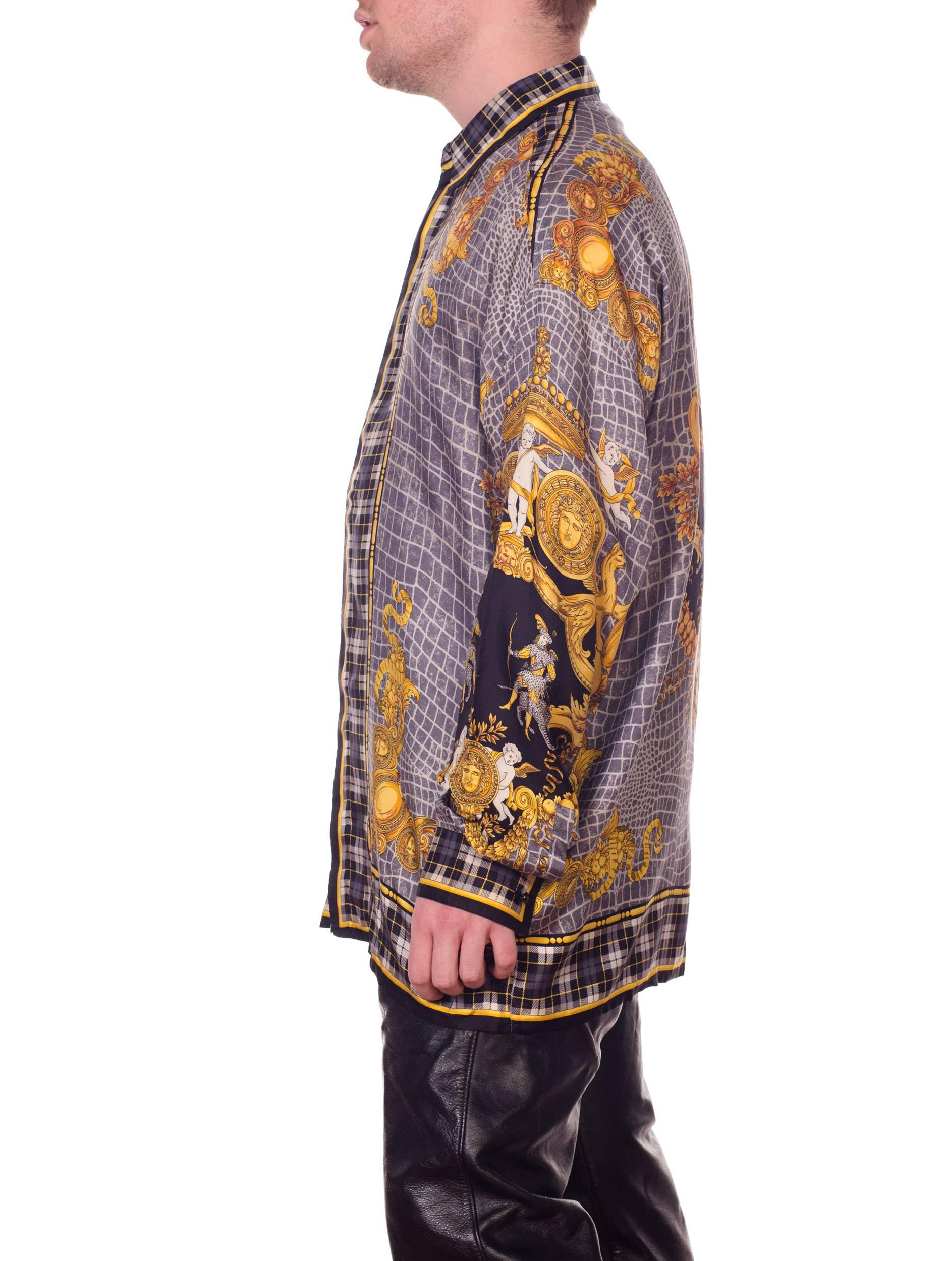 1990s Atelier Versace Men's Silk Printed Crocodile & Medusa Shirt with Knights 3