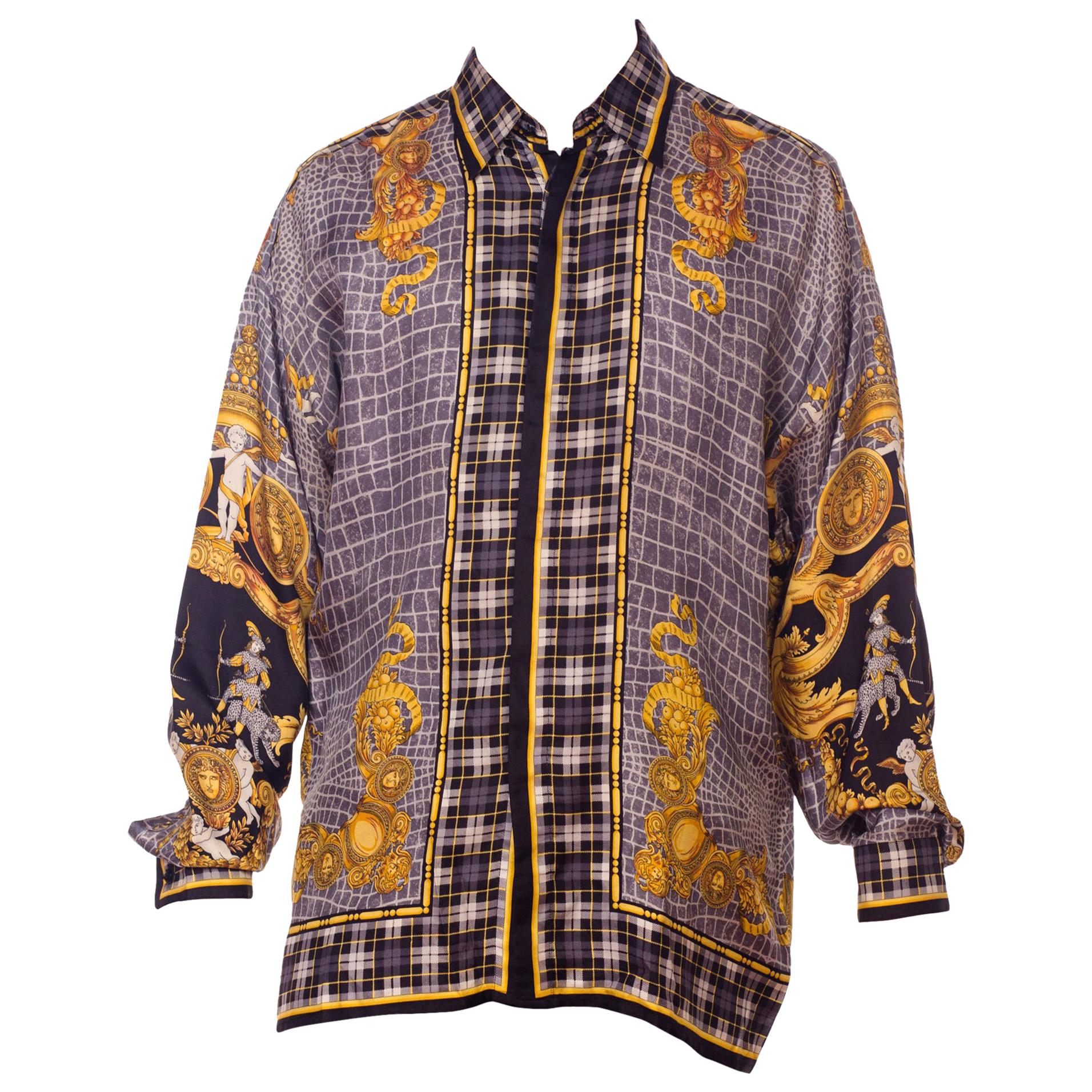 1990s Atelier Versace Men's Silk Printed Crocodile & Medusa Shirt with Knights