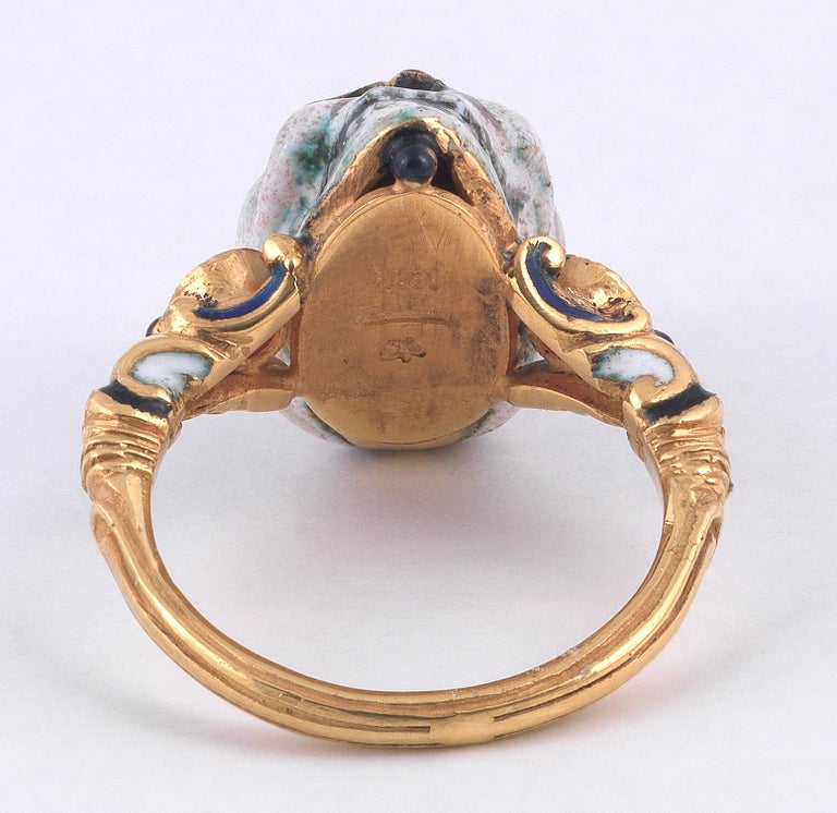 1990s Attilio Codognato Renaissance Revival Enamel Ruby Gold Skull Ring ...