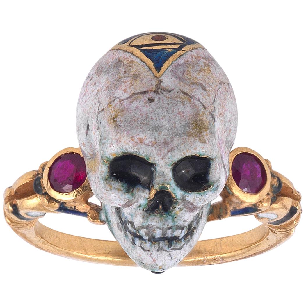 1990s Attilio Codognato Renaissance Revival Enamel Ruby Gold Skull Ring