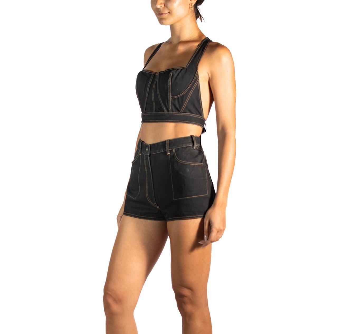Beige 1990S AZZEDINE ALAIA Black Cotton Denim Iconic Bra-Top & Shorts Romper XXS SMAL For Sale