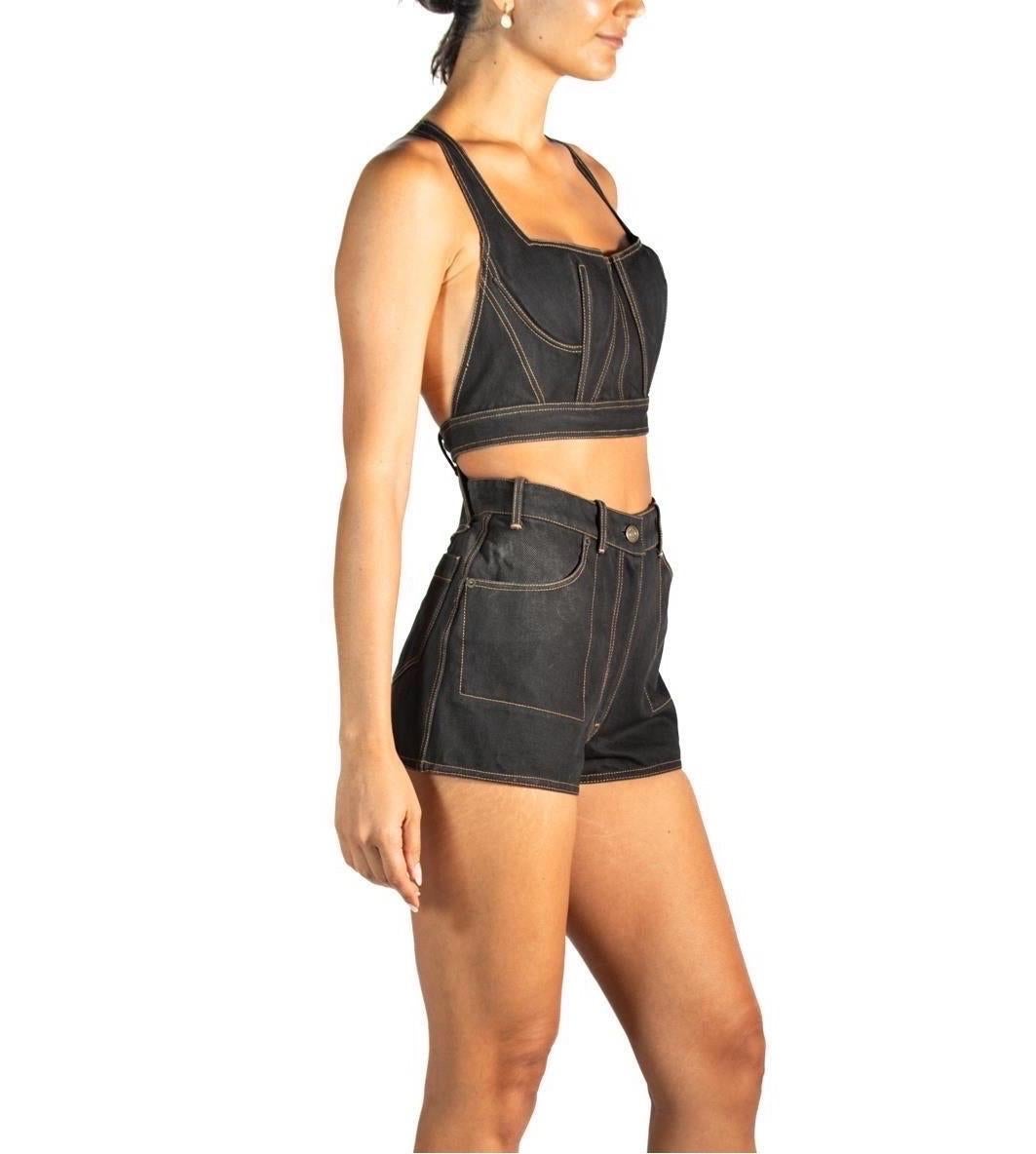1990S AZZEDINE ALAIA Black Cotton Denim Iconic Bra-Top & Shorts Romper XXS SMAL In Excellent Condition For Sale In New York, NY