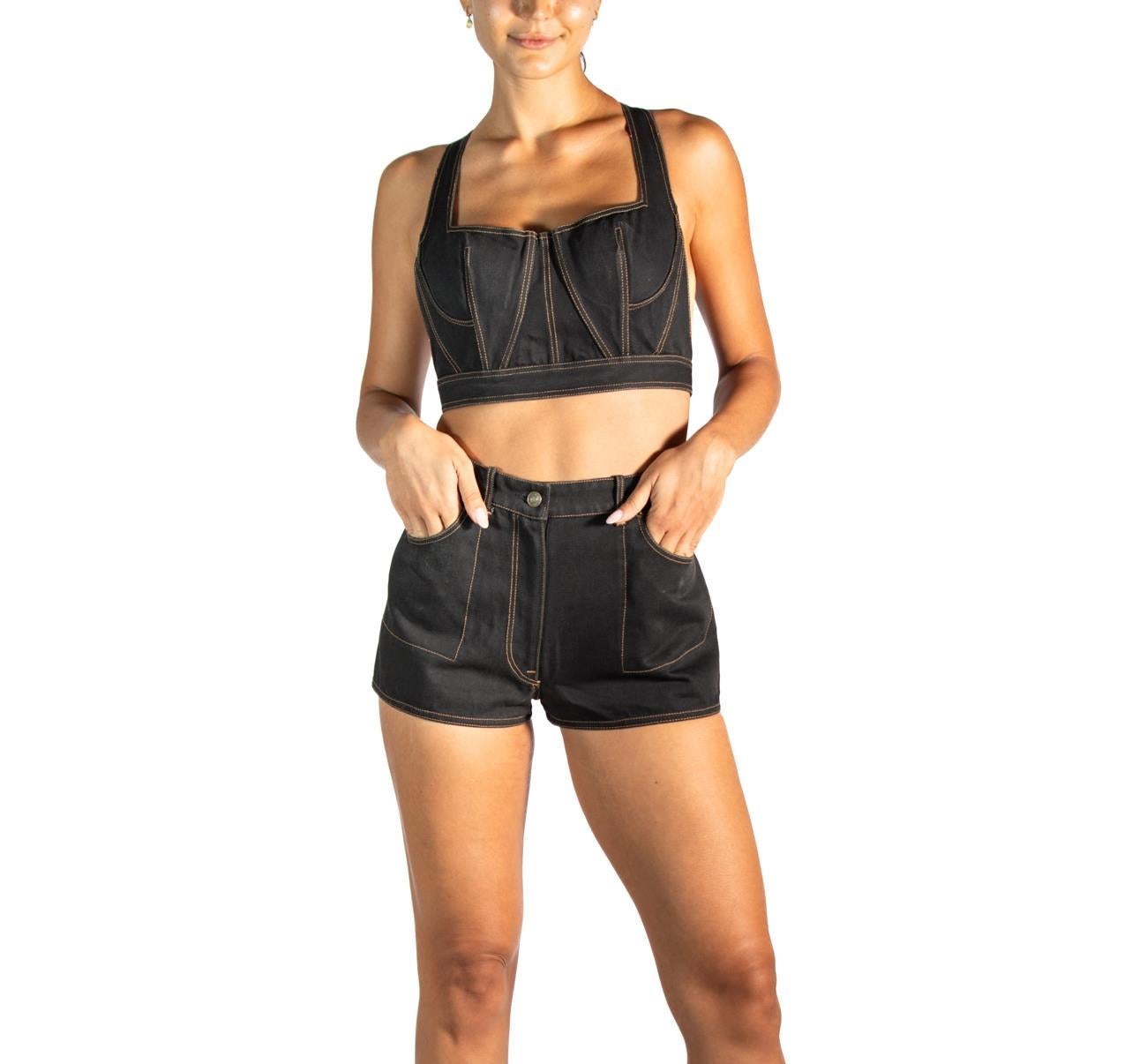 Women's 1990S AZZEDINE ALAIA Black Cotton Denim Iconic Bra-Top & Shorts Romper XXS SMAL For Sale