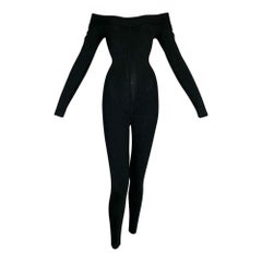 1990er Azzedine Alaia schwarz gestrickter:: figurbetonter:: schulterfreier Catsuit-Overall